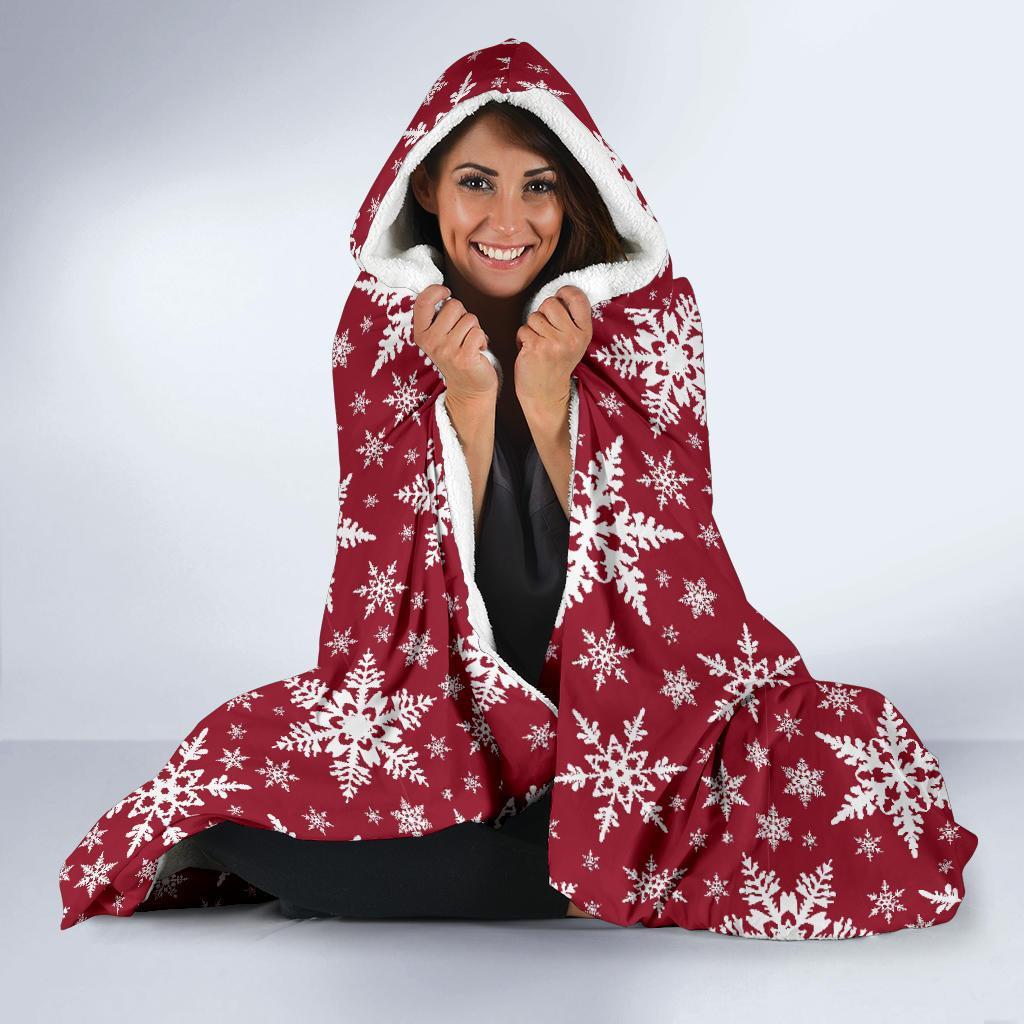 Red Snowflake Pattern Print Hooded Blanket-grizzshop