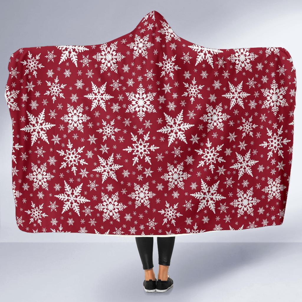 Red Snowflake Pattern Print Hooded Blanket-grizzshop