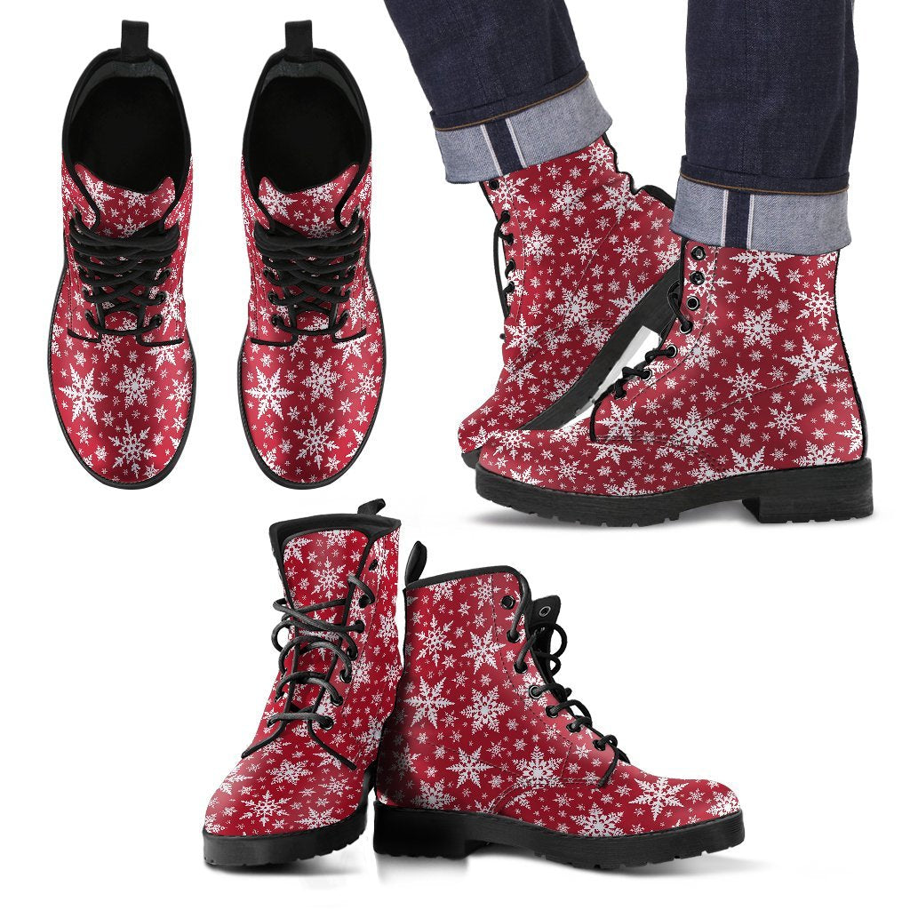Red Snowflake Pattern Print Men Women Leather Boots-grizzshop