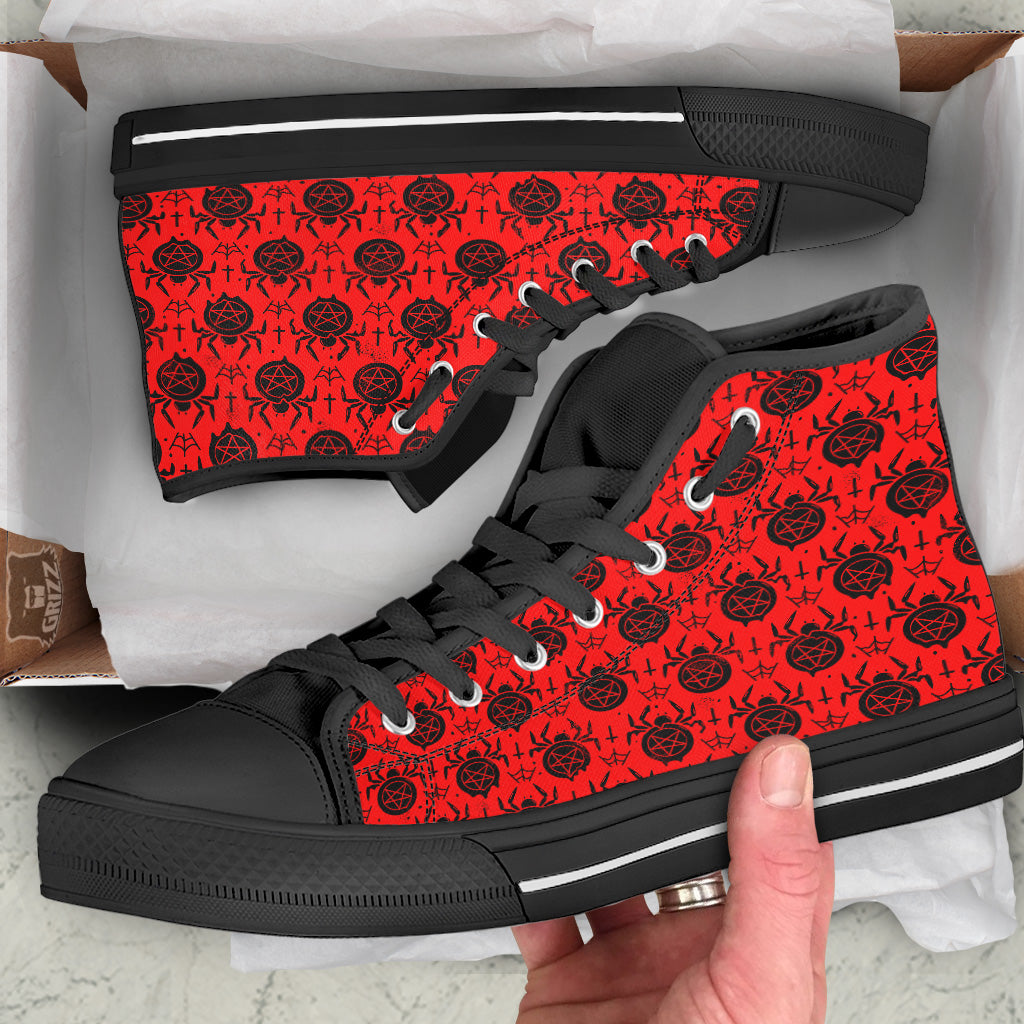 Red Spider Pentagram Print Pattern Black High Top Shoes-grizzshop
