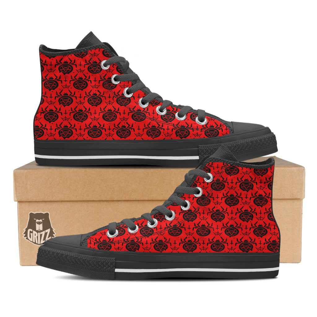 Red Spider Pentagram Print Pattern Black High Top Shoes-grizzshop