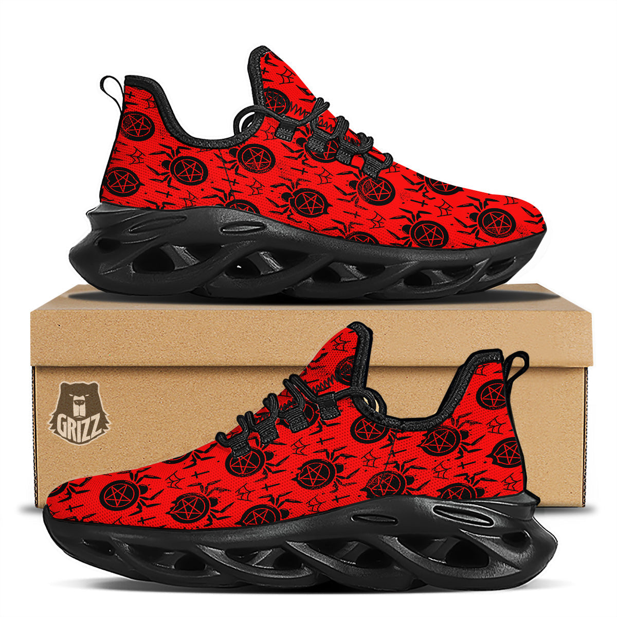 Red Spider Pentagram Print Pattern Black Running Shoes-grizzshop