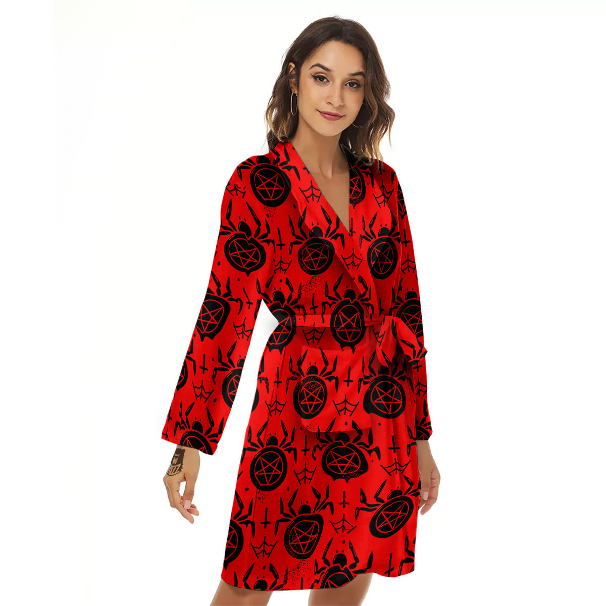Red Spider Pentagram Print Pattern Women's Robe-grizzshop