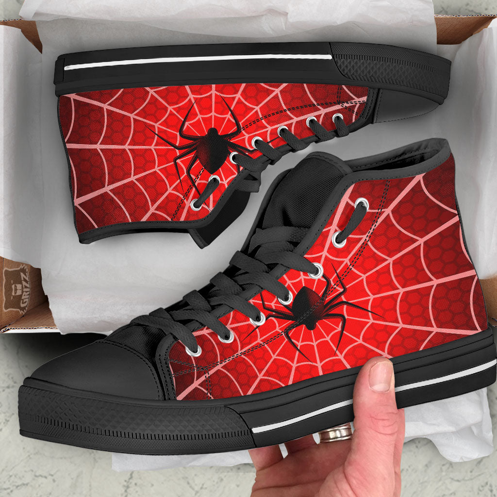 Red Spider Web Cobweb trap Print Black High Top Shoes-grizzshop