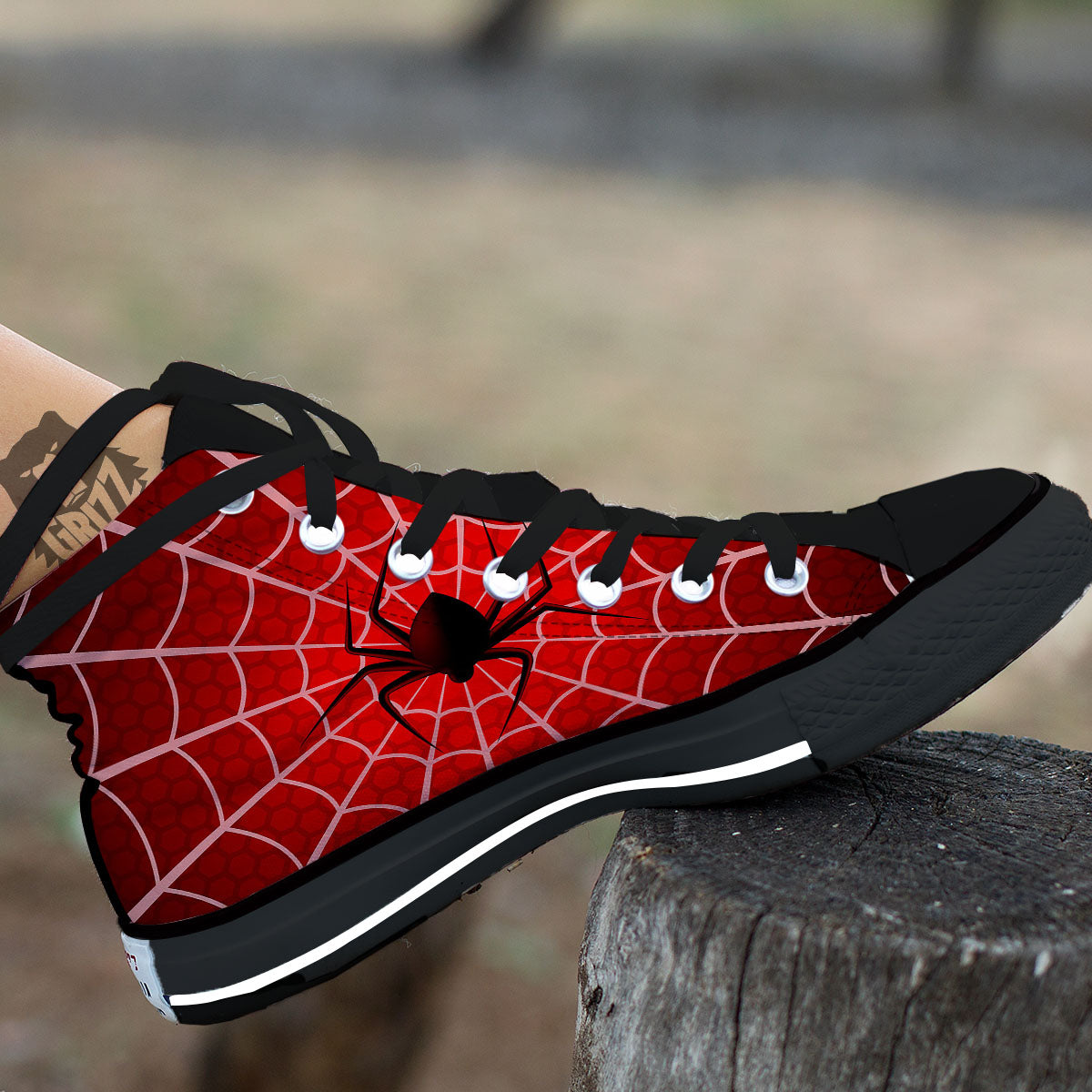 Red Spider Web Cobweb trap Print Black High Top Shoes-grizzshop