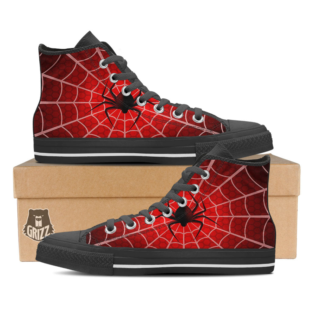 Red Spider Web Cobweb trap Print Black High Top Shoes-grizzshop