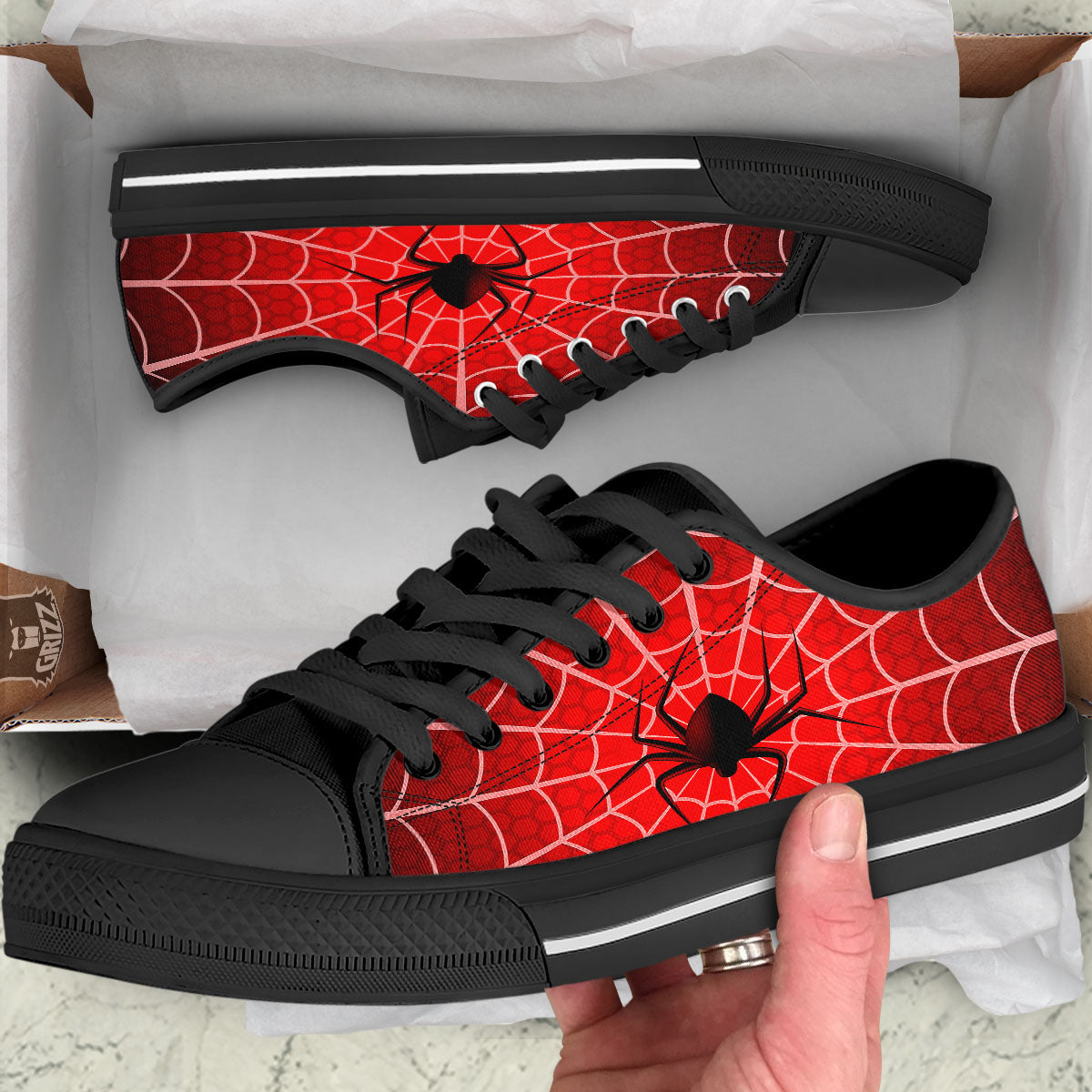 Red Spider Web Cobweb trap Print Black Low Top Shoes-grizzshop