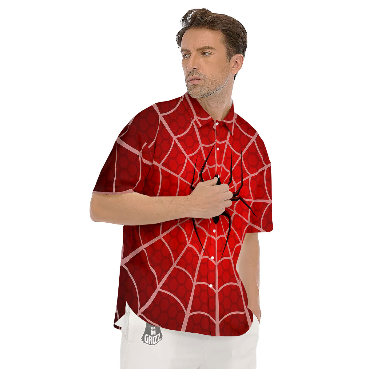 Red Spider Web Cobweb trap Print Men's Short Sleeve Shirts-grizzshop