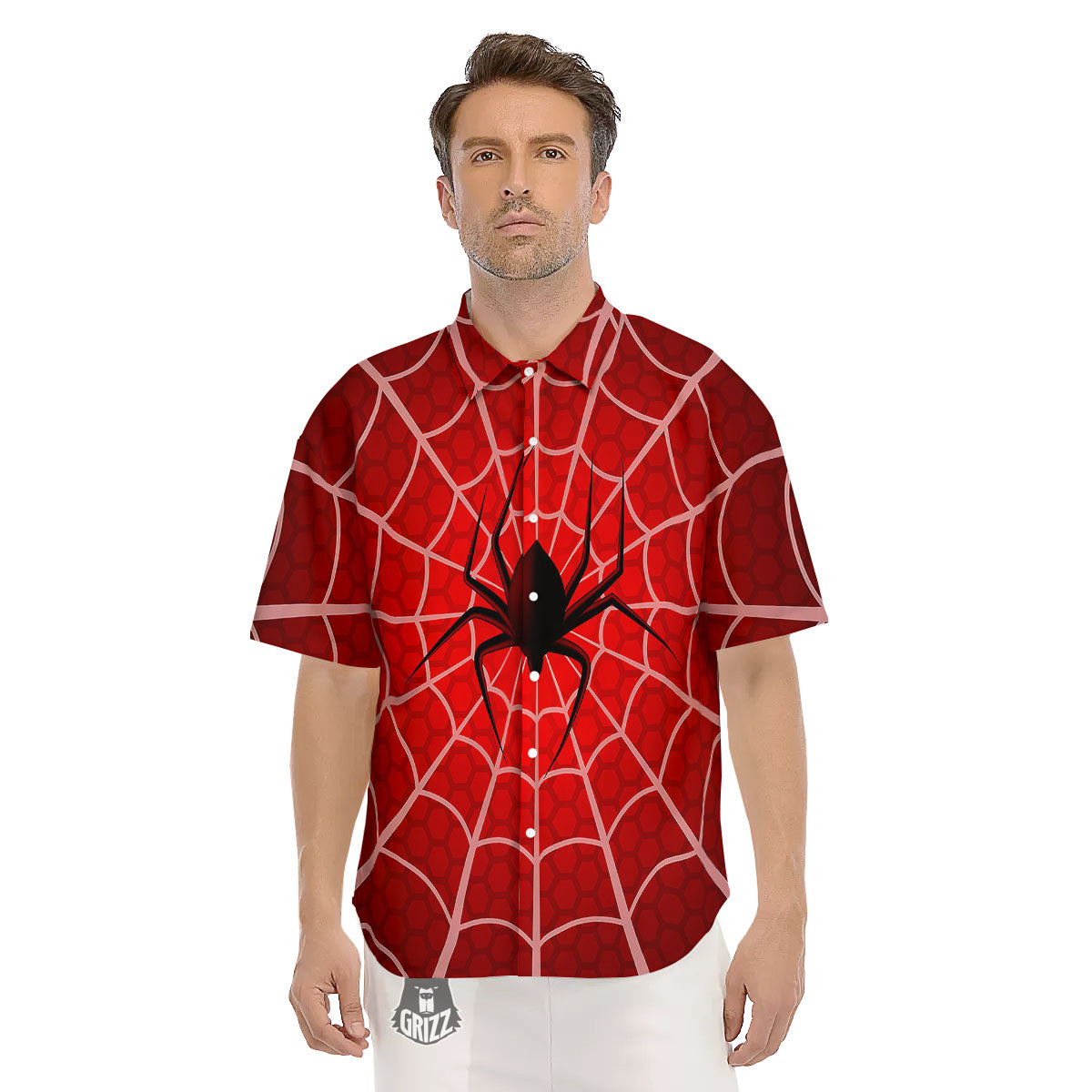 Red Spider Web Cobweb trap Print Men's Short Sleeve Shirts-grizzshop