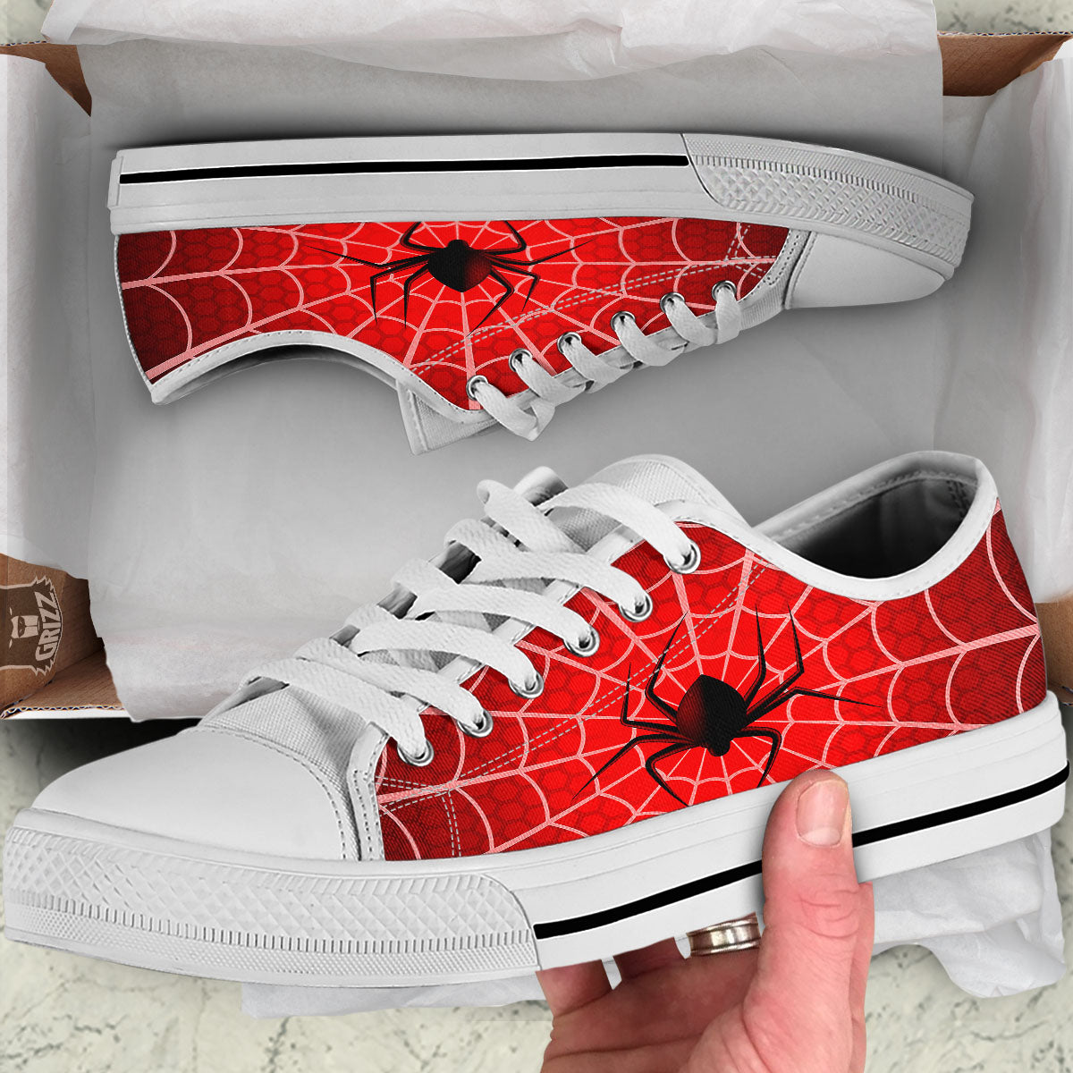 Red Spider Web Cobweb trap Print White Low Top Shoes-grizzshop
