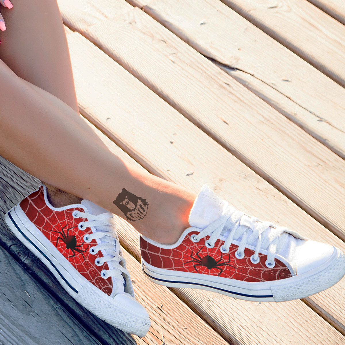 Red Spider Web Cobweb trap Print White Low Top Shoes-grizzshop