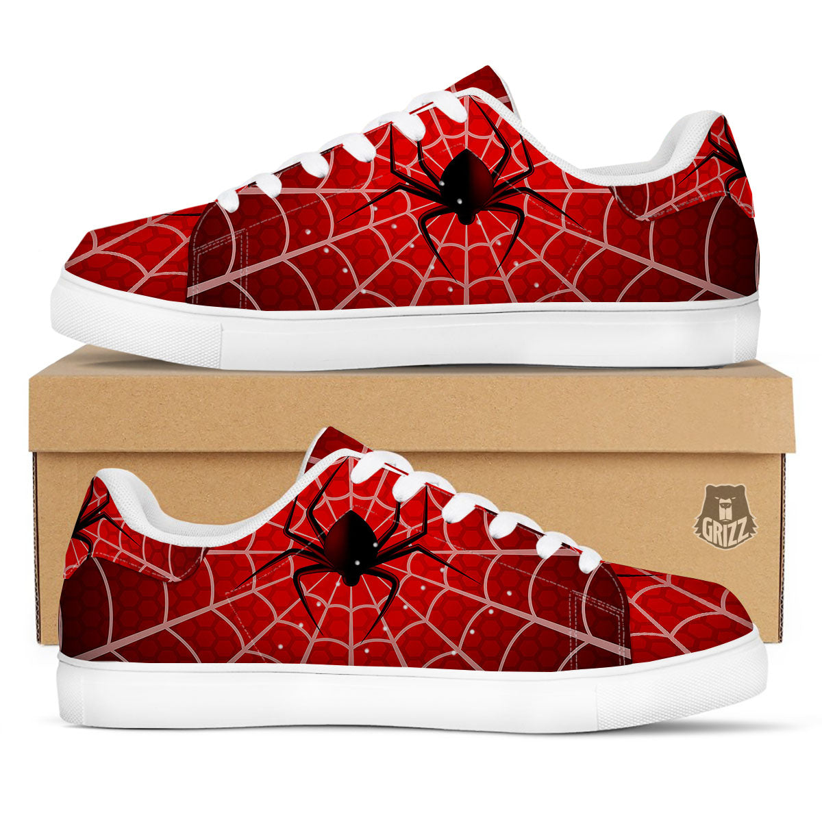 Red Spider Web Cobweb trap Print White Low Top Sneakers-grizzshop