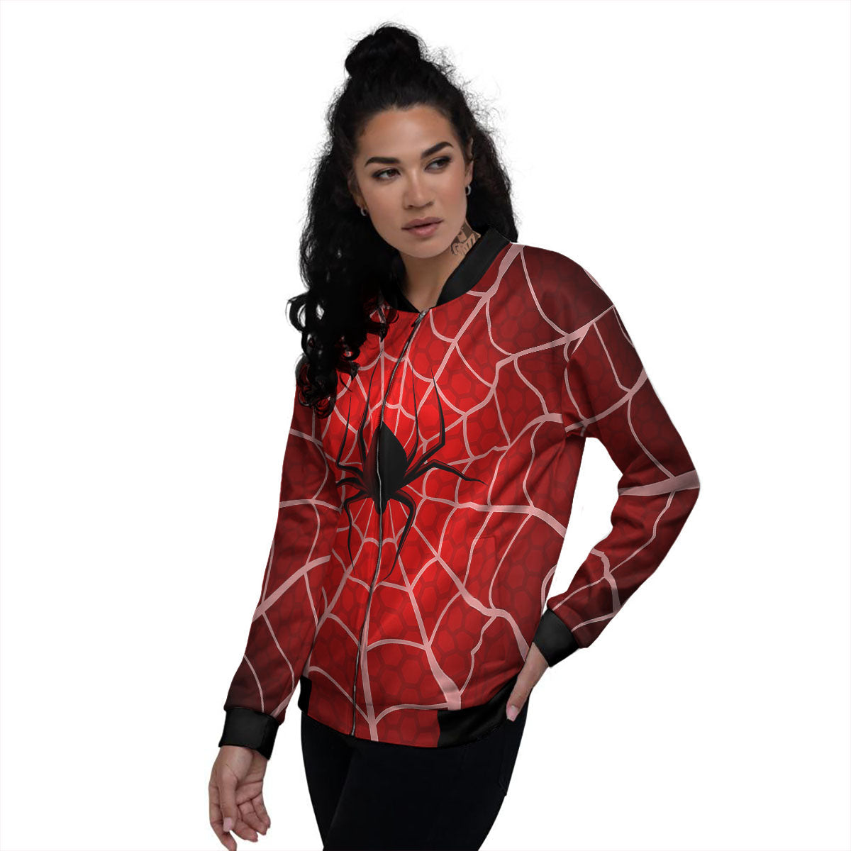 Red Spider Web Cobweb trap Print Women's Bomber Jacket-grizzshop