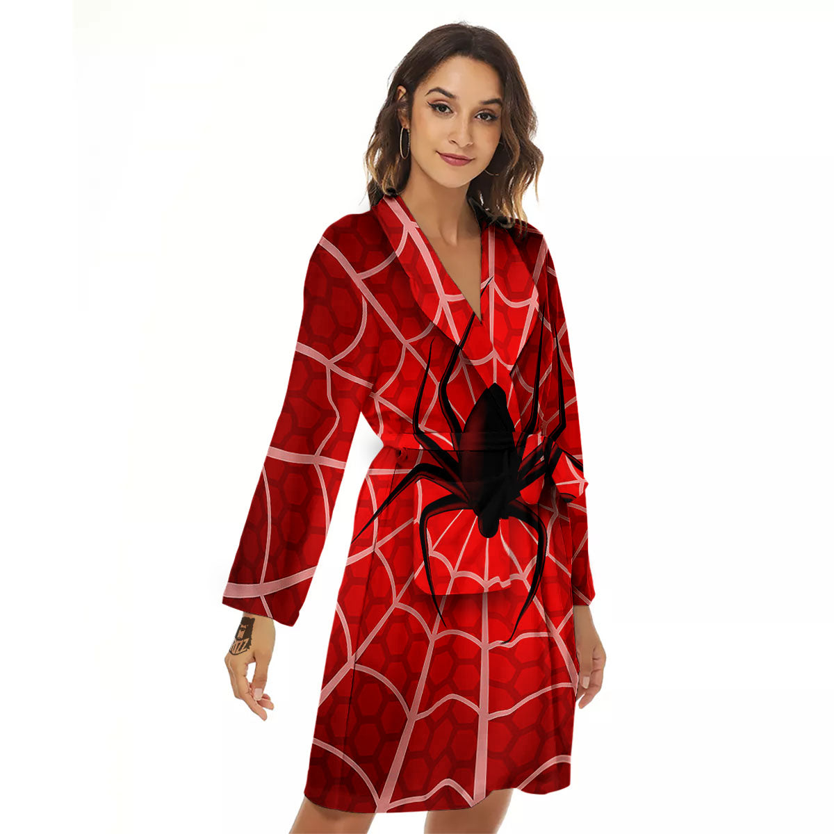 Red Spider Web Cobweb trap Print Women's Robe-grizzshop