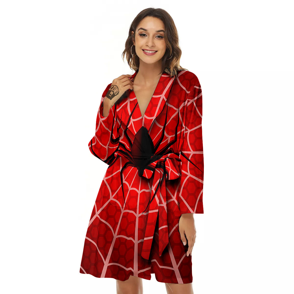 Red Spider Web Cobweb trap Print Women's Robe-grizzshop