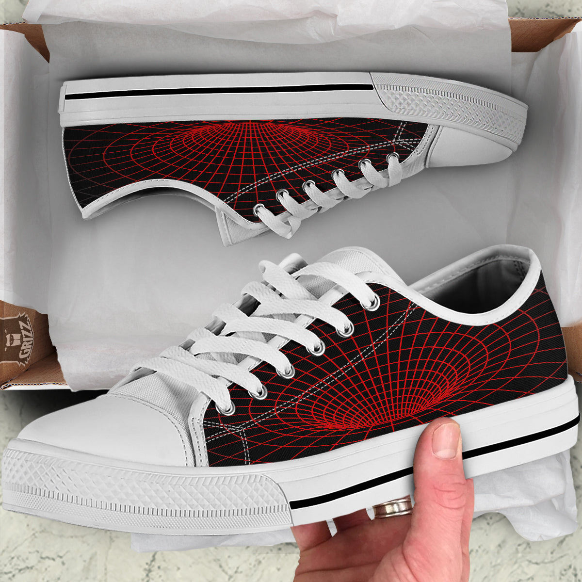 Red Techno Funnel Print White Low Top Shoes-grizzshop