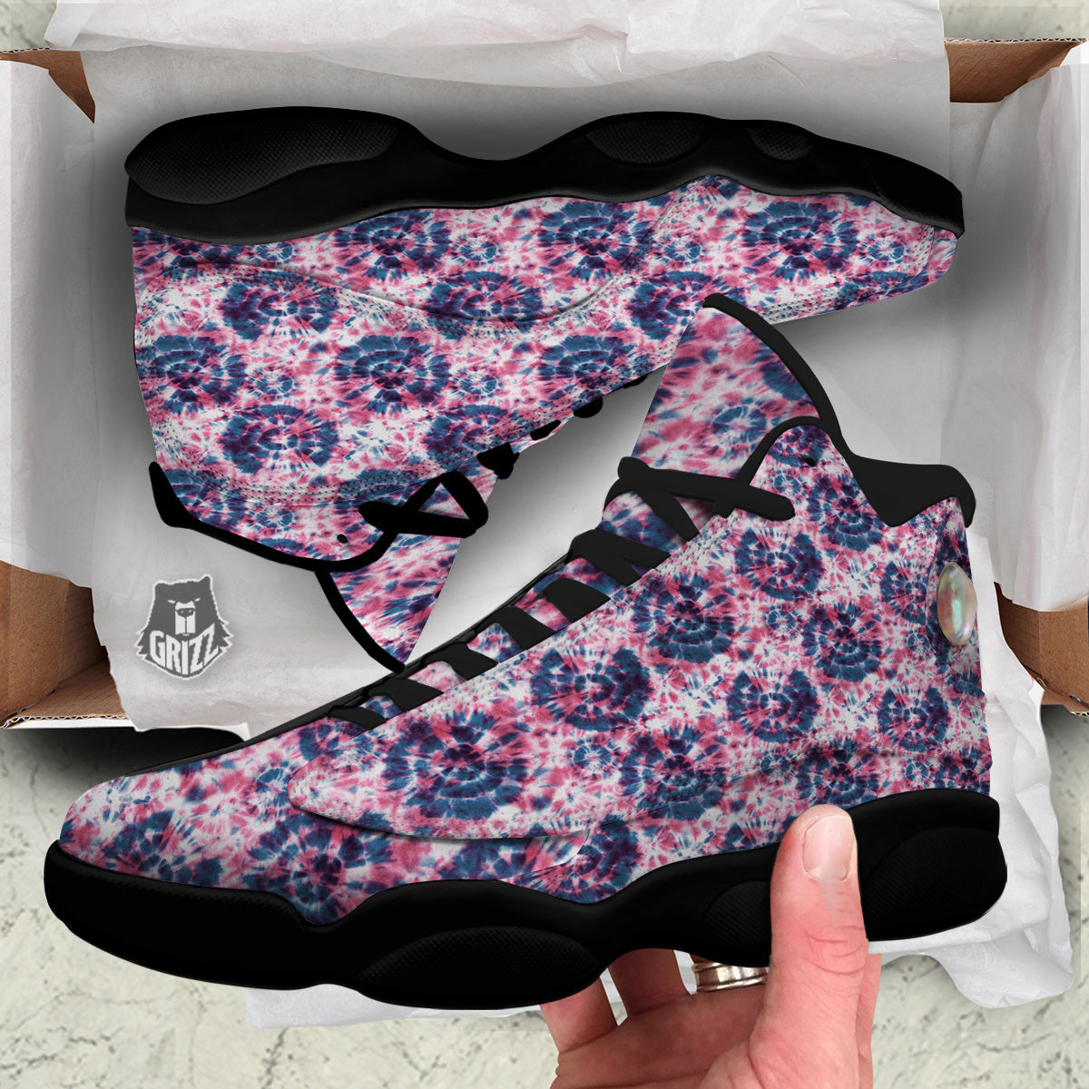 Red Tie Dye Blue Shibori Print Pattern Black Basketball Shoes-grizzshop