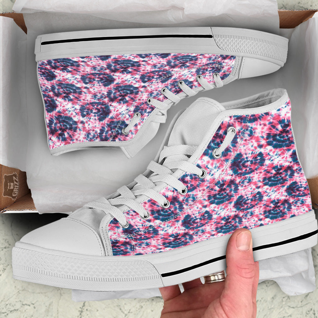 Red Tie Dye Blue Shibori Print Pattern White High Top Shoes-grizzshop