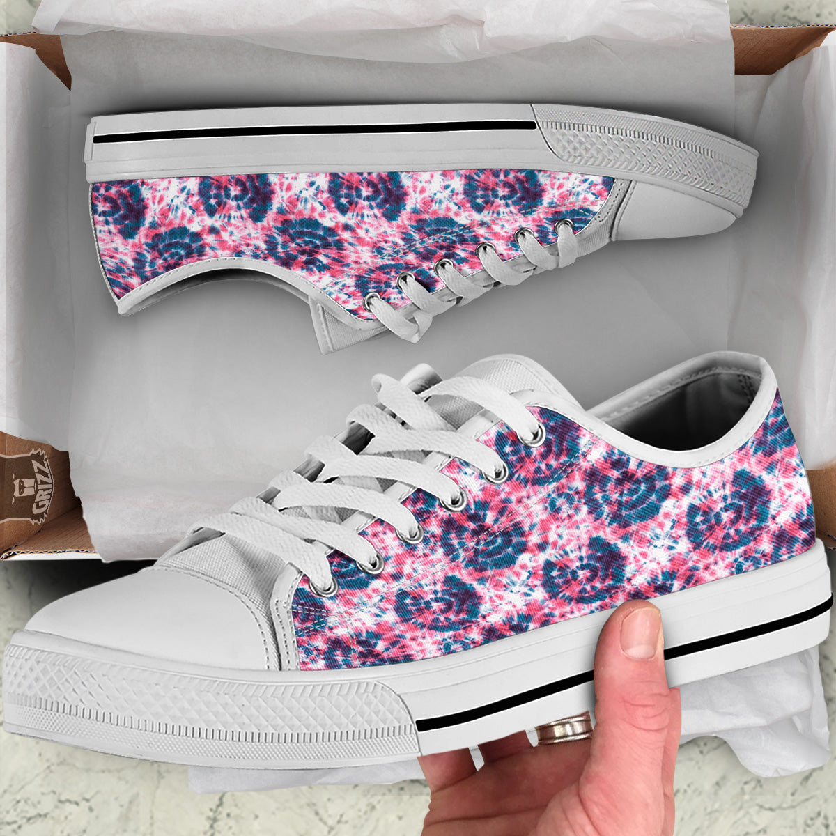 Red Tie Dye Blue Shibori Print Pattern White Low Top Shoes-grizzshop
