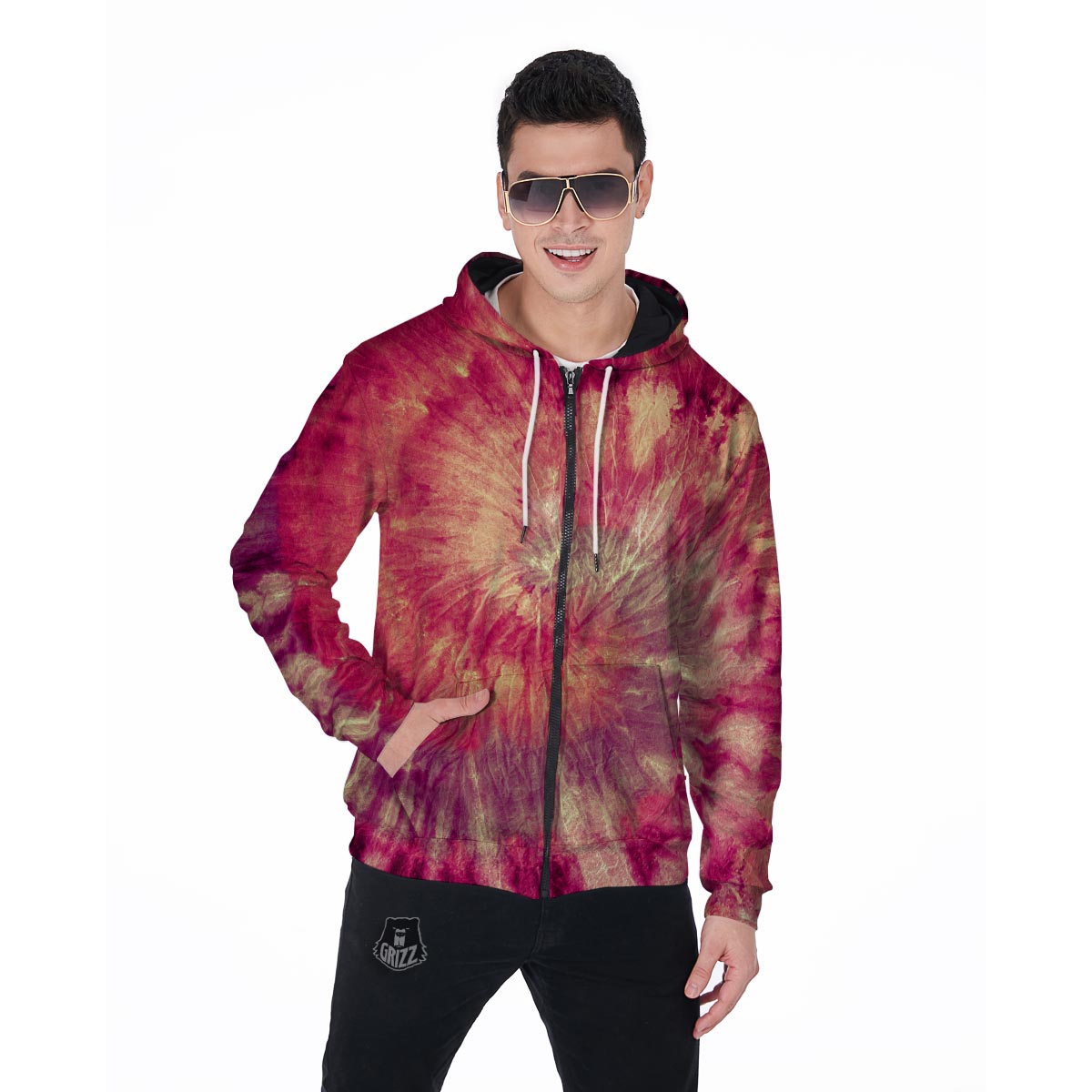 Red Tie Dye Men's Zip Up Hoodie-grizzshop