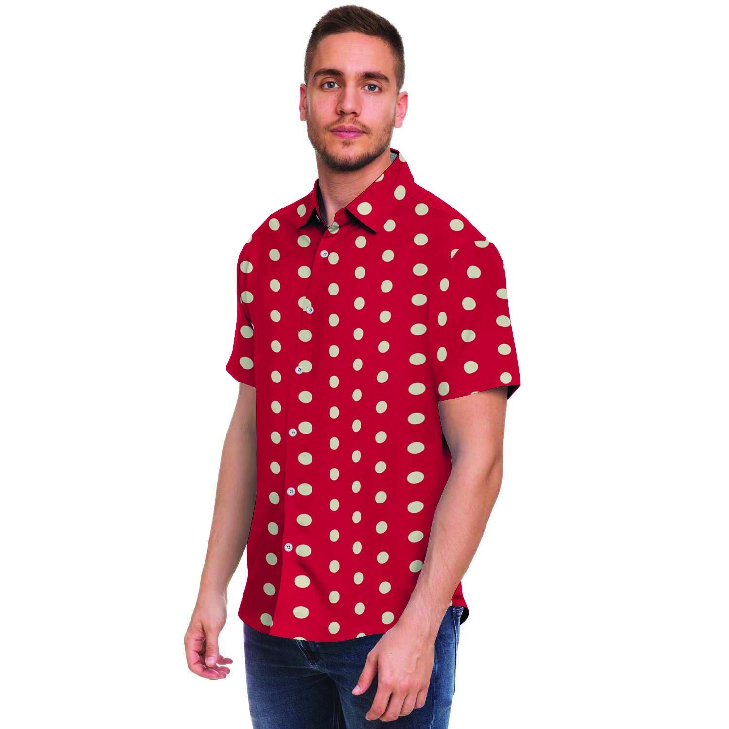 Red Tiny Polka Dot Men's Short Sleeve Shirt-grizzshop