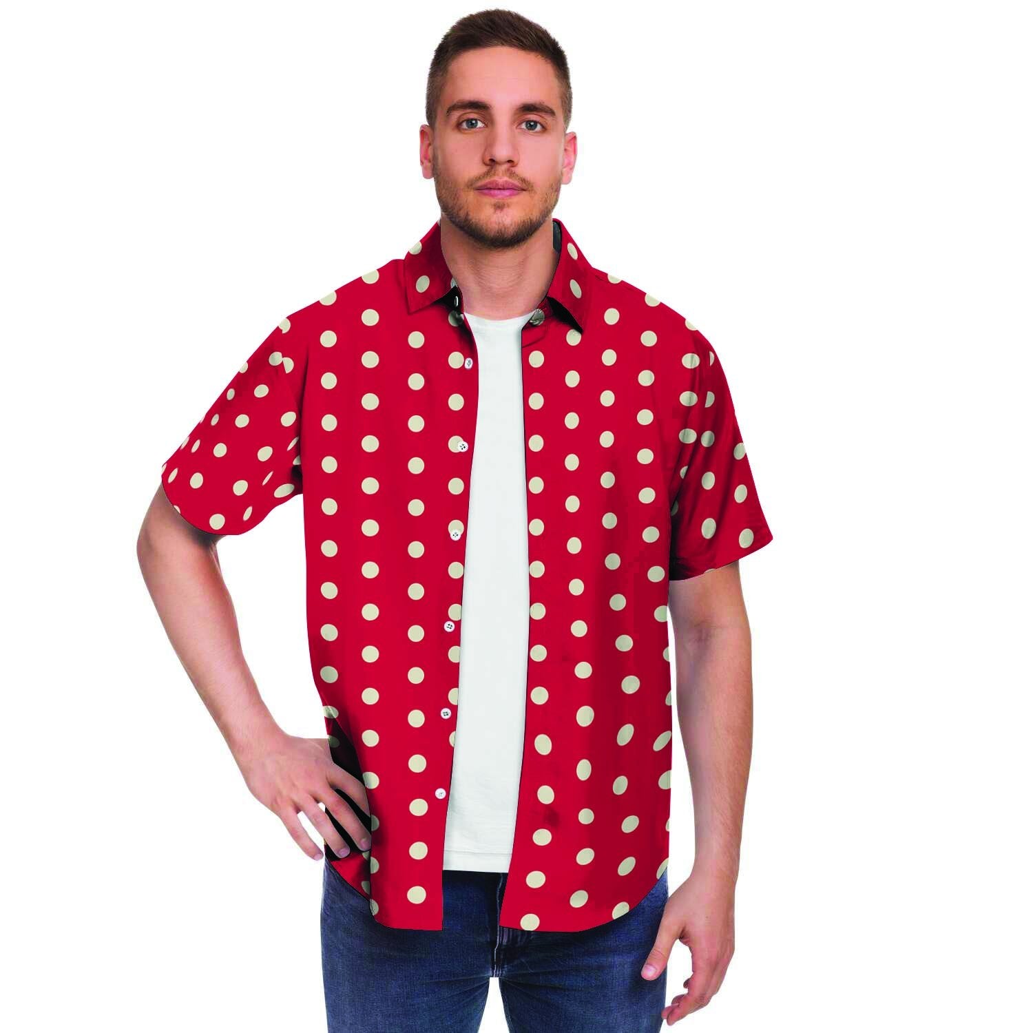 Red Tiny Polka Dot Men's Short Sleeve Shirt-grizzshop