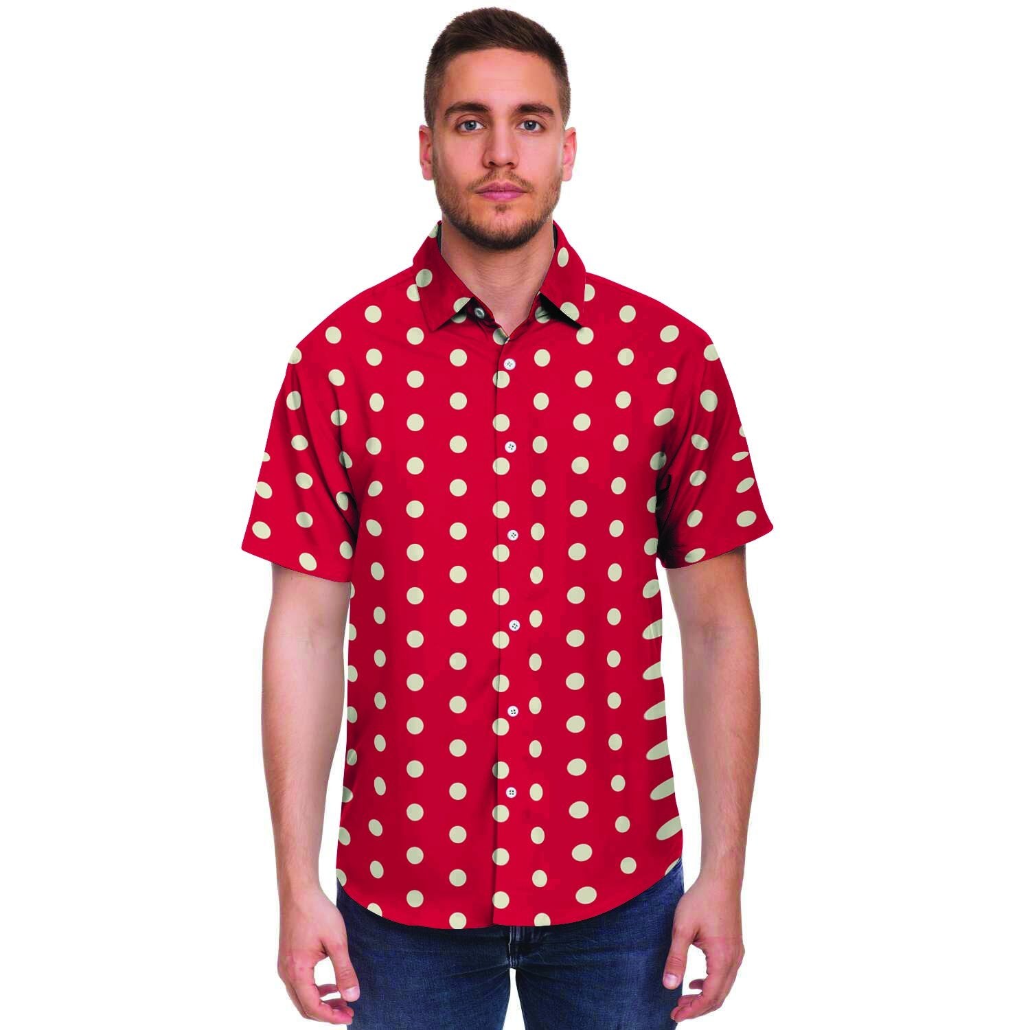 Red Tiny Polka Dot Men's Short Sleeve Shirt-grizzshop