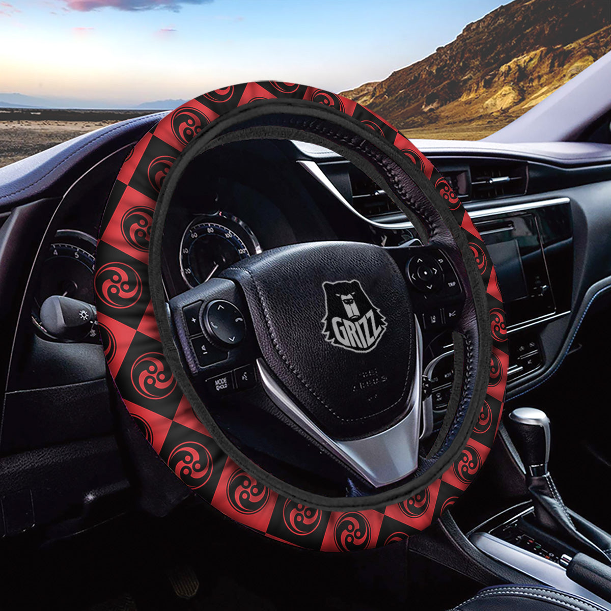 Red Tomoe Print Pattern Car Steering Wheel Cover-grizzshop