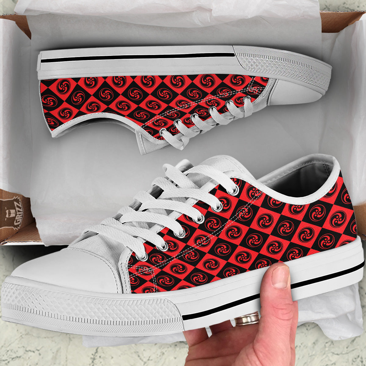 Red Tomoe Print Pattern White Low Top Shoes-grizzshop