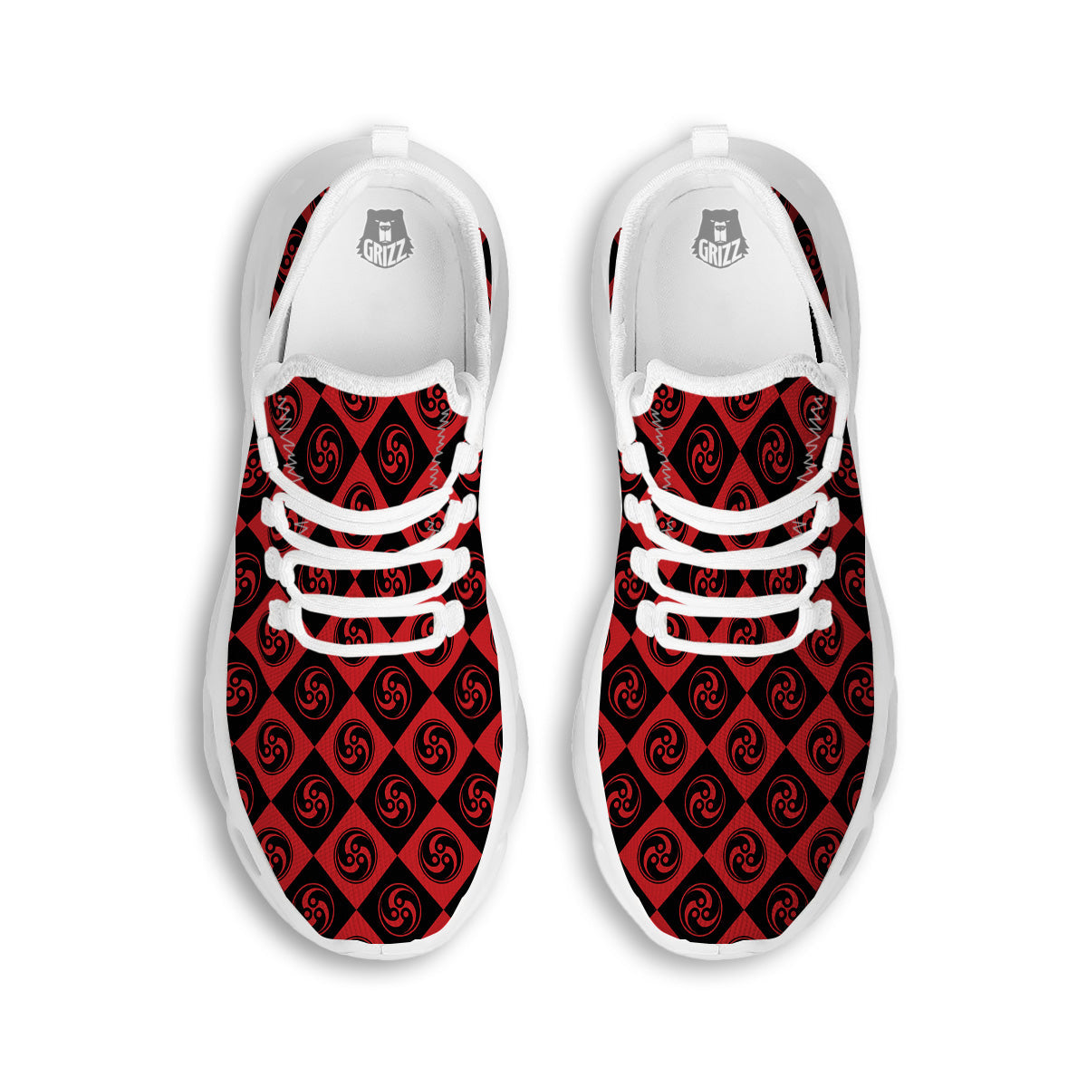 Red Tomoe Print Pattern White Running Shoes-grizzshop