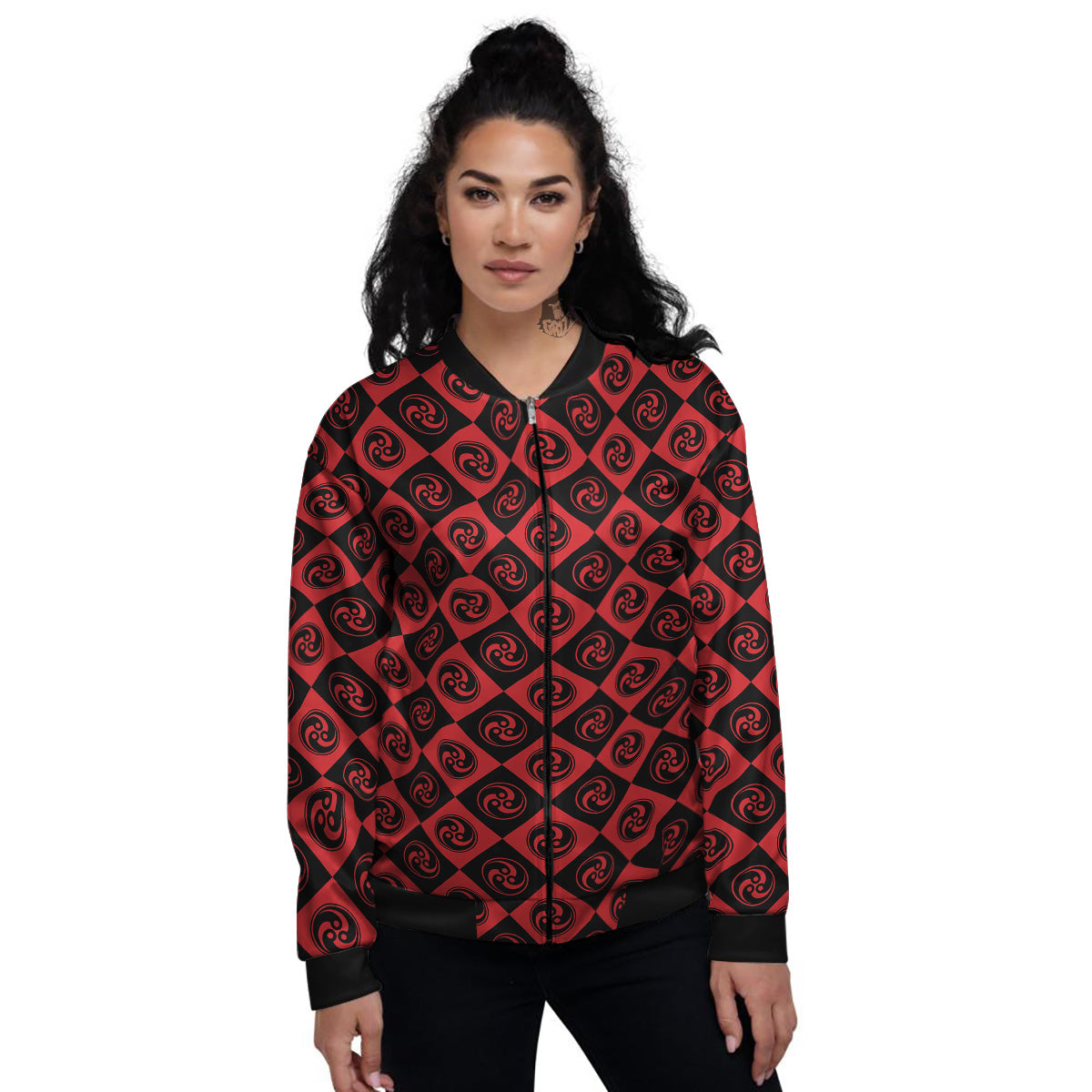 Red Tomoe Print Pattern Women's Bomber Jacket-grizzshop