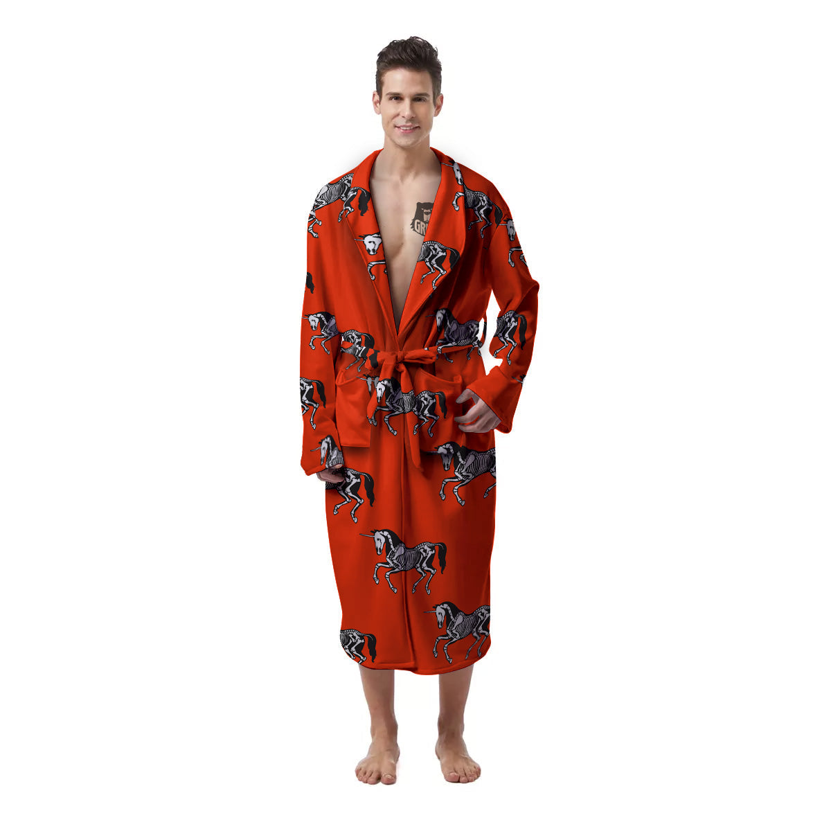 Red Unicorn Skeleton Print Pattern Men's Robe-grizzshop