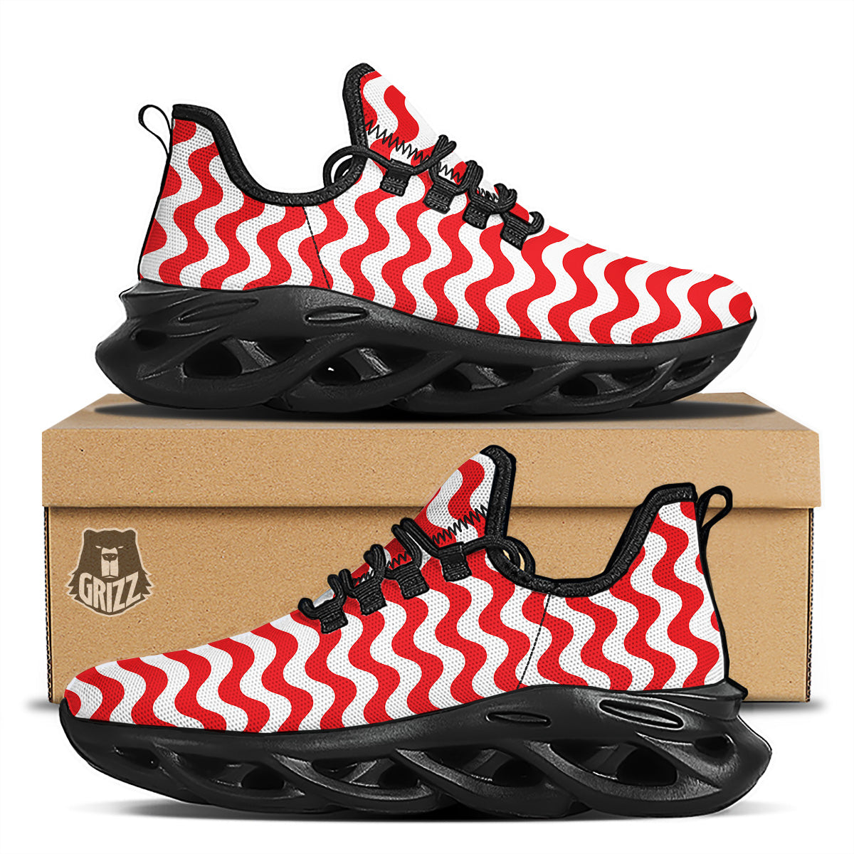 Red Wave Striped Print Black Running Shoes-grizzshop