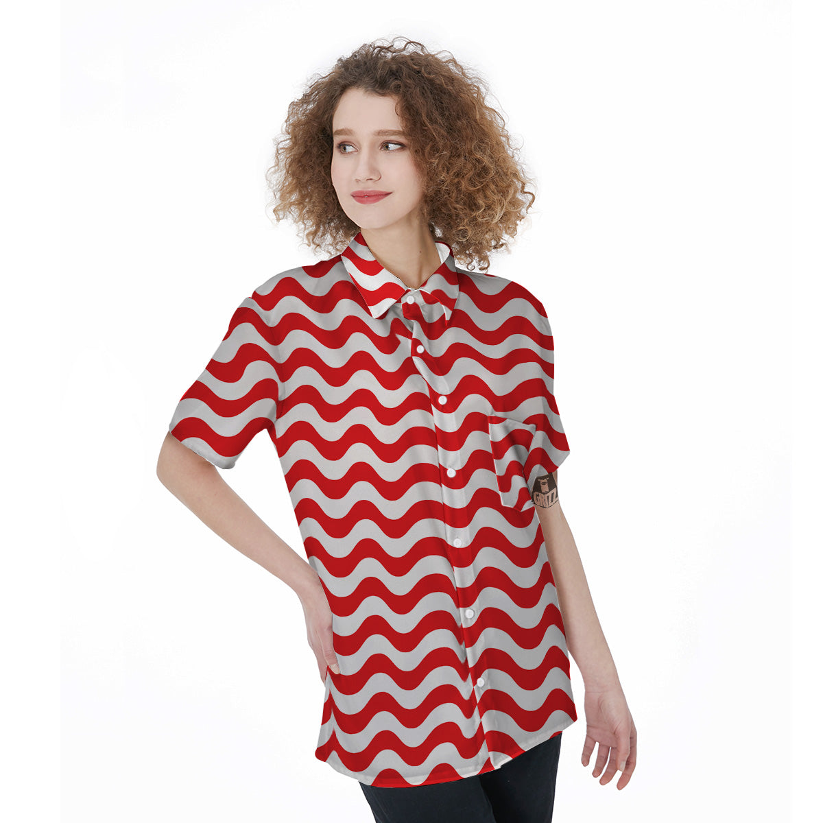 Red Wave Striped Print Women's Short Sleeve Shirts-grizzshop