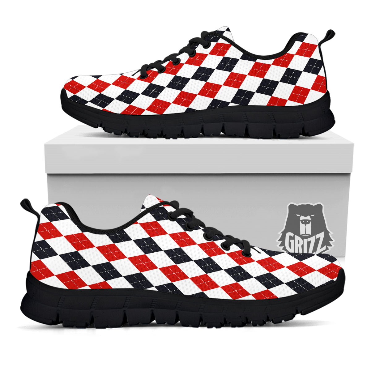 Red White And Black Argyle Print Pattern Black Sneaker-grizzshop