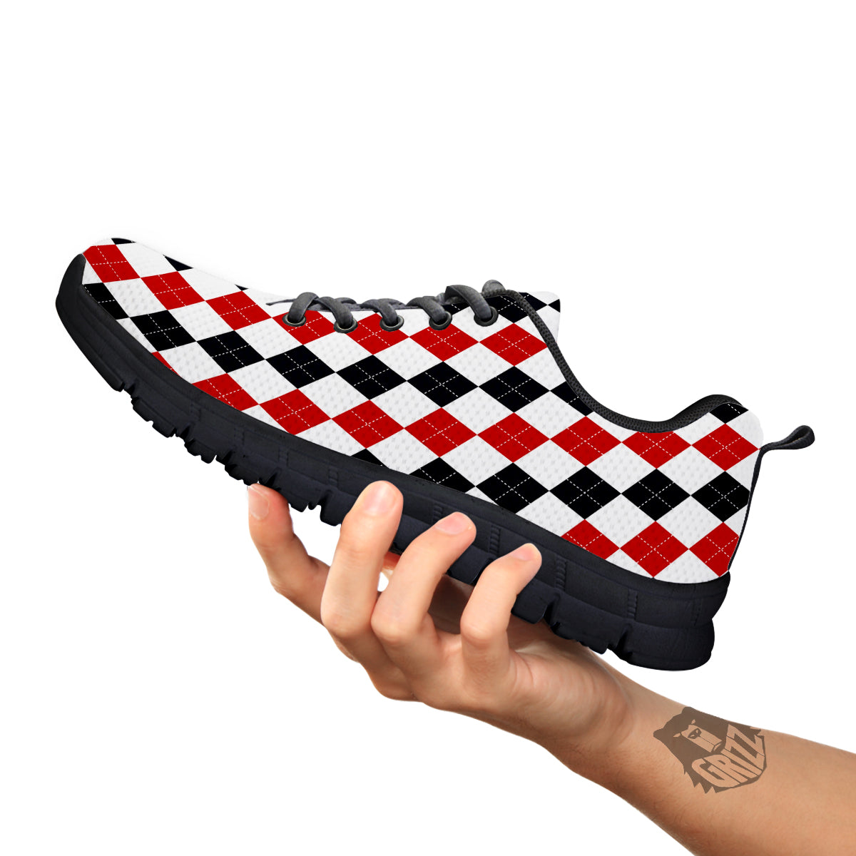 Red White And Black Argyle Print Pattern Black Sneaker-grizzshop