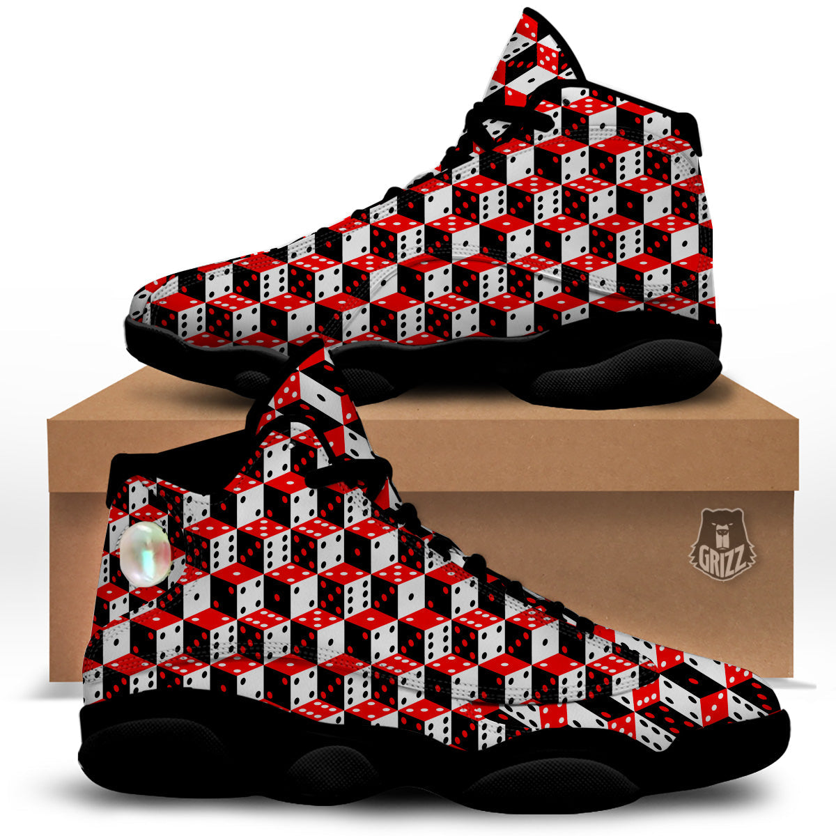 Red White And Black Dice Print Pattern Black Basketball Shoes-grizzshop