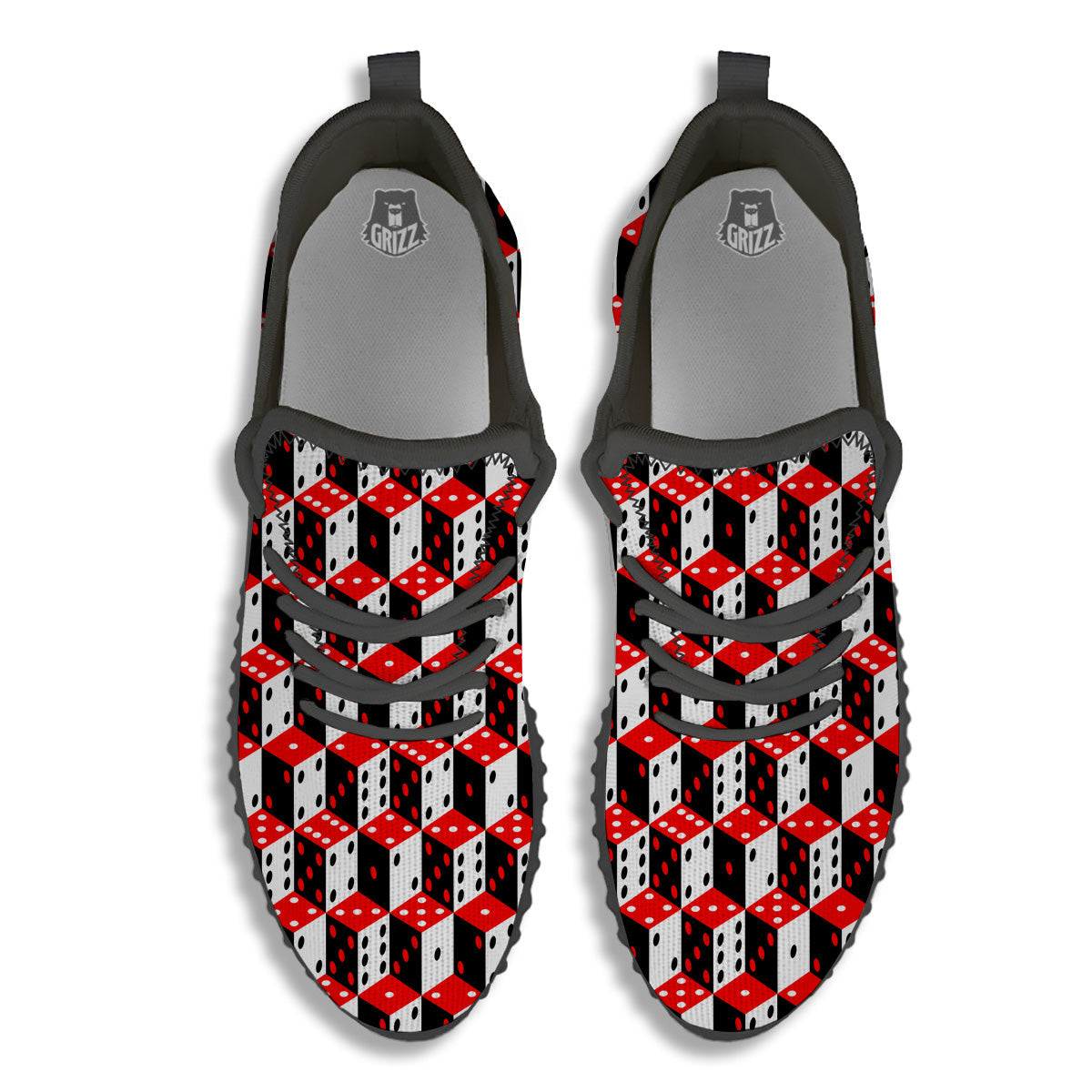 Red White And Black Dice Print Pattern Black Walking Shoes-grizzshop