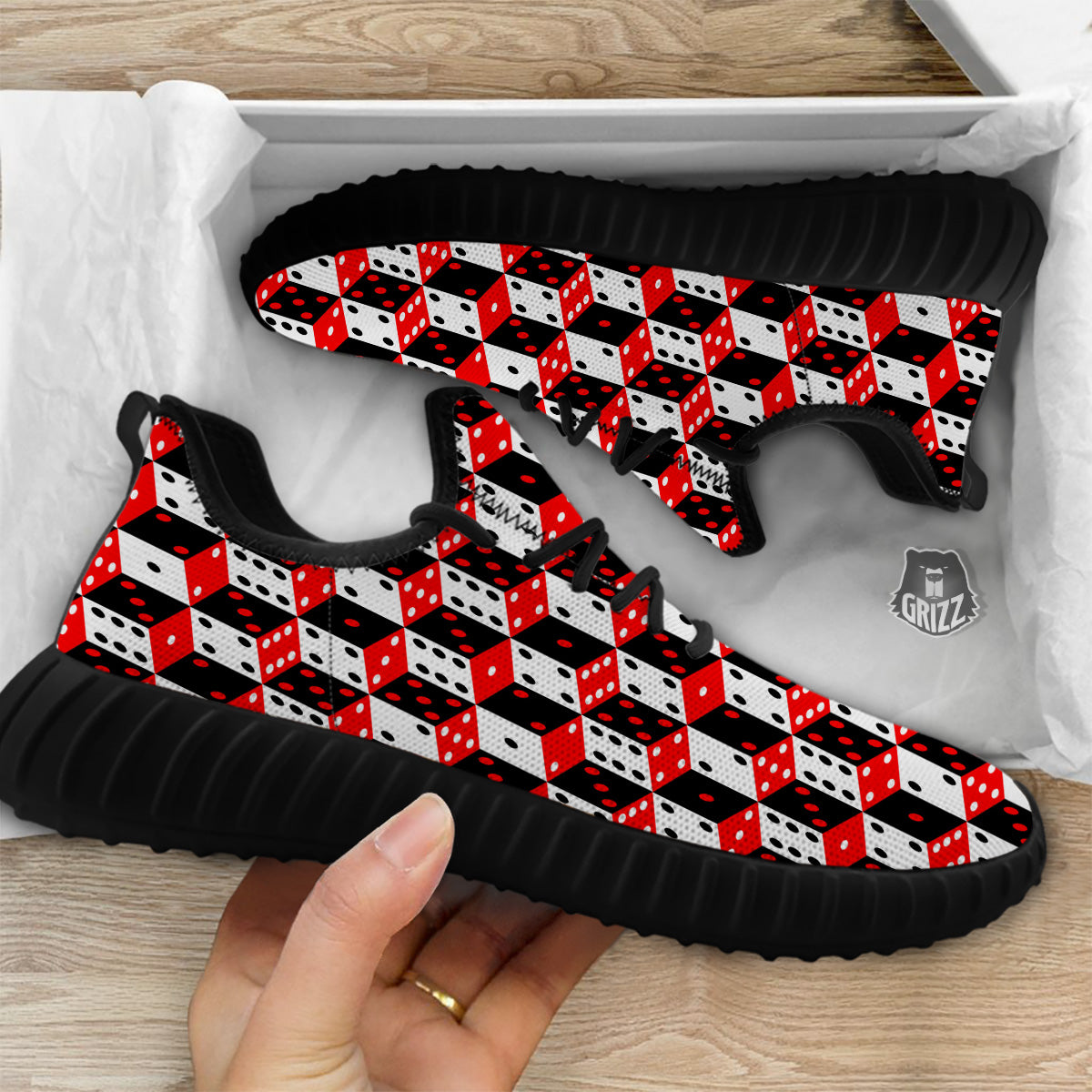 Red White And Black Dice Print Pattern Black Walking Shoes-grizzshop