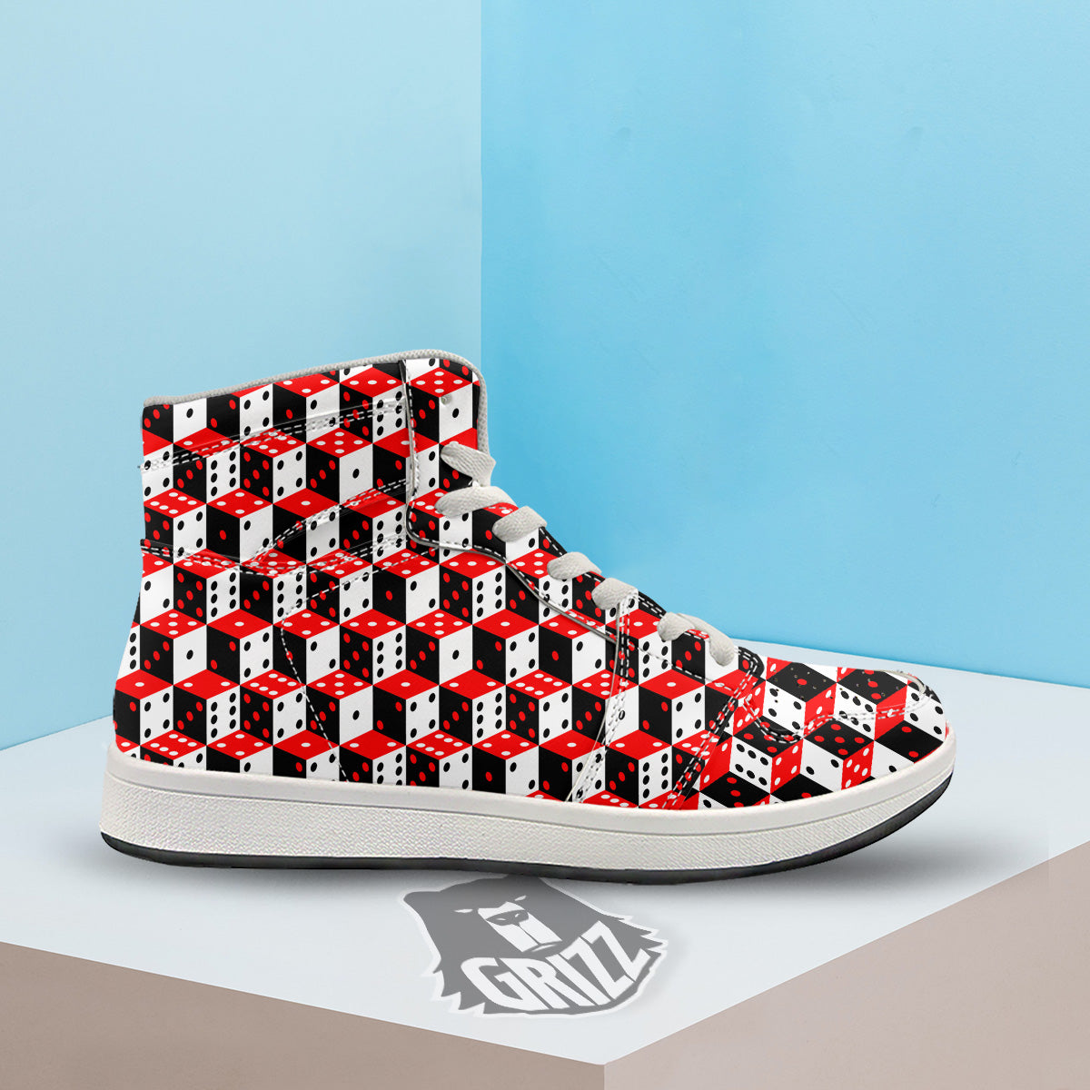 Red White And Black Dice Print Pattern High Top Sneakers-grizzshop