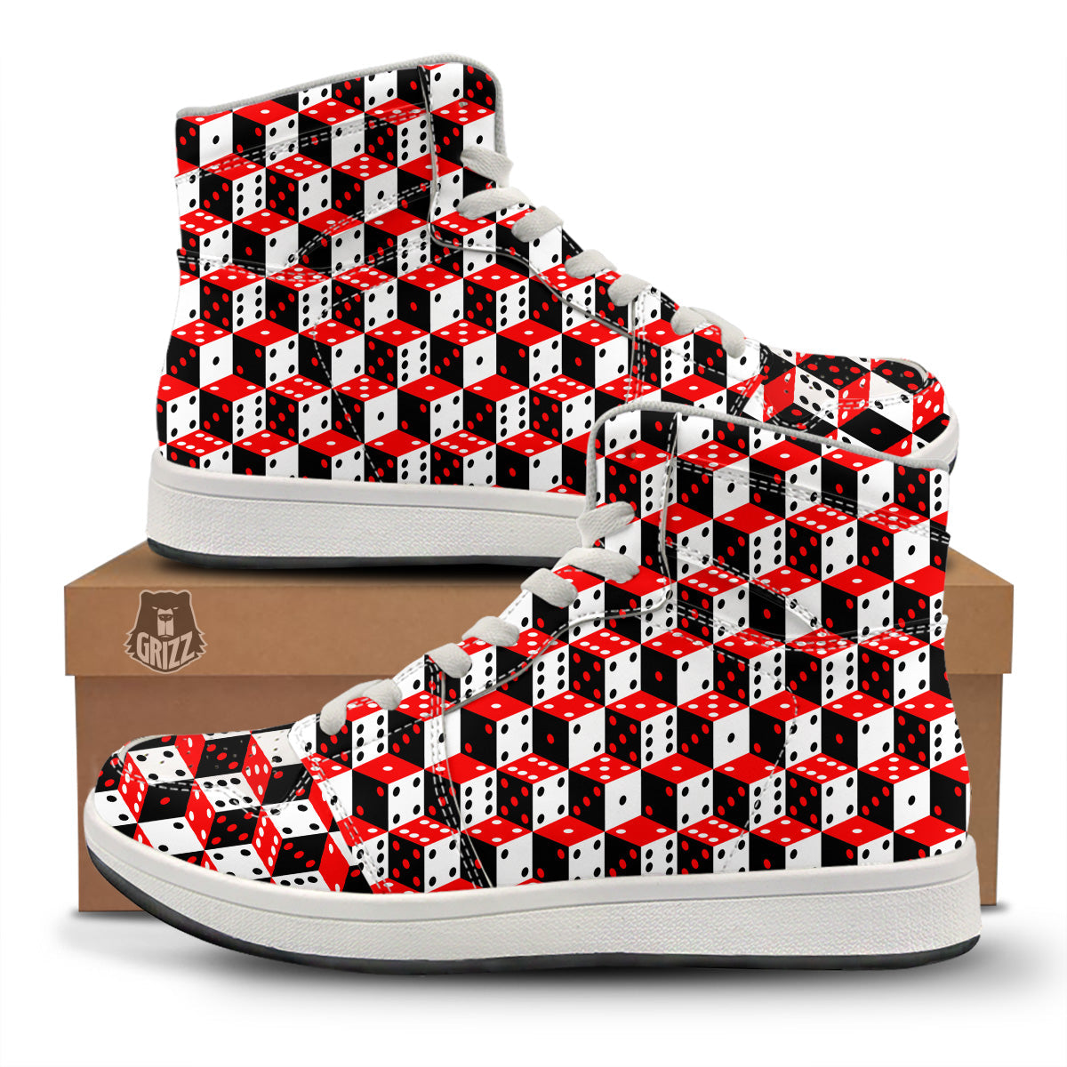 Red White And Black Dice Print Pattern High Top Sneakers-grizzshop