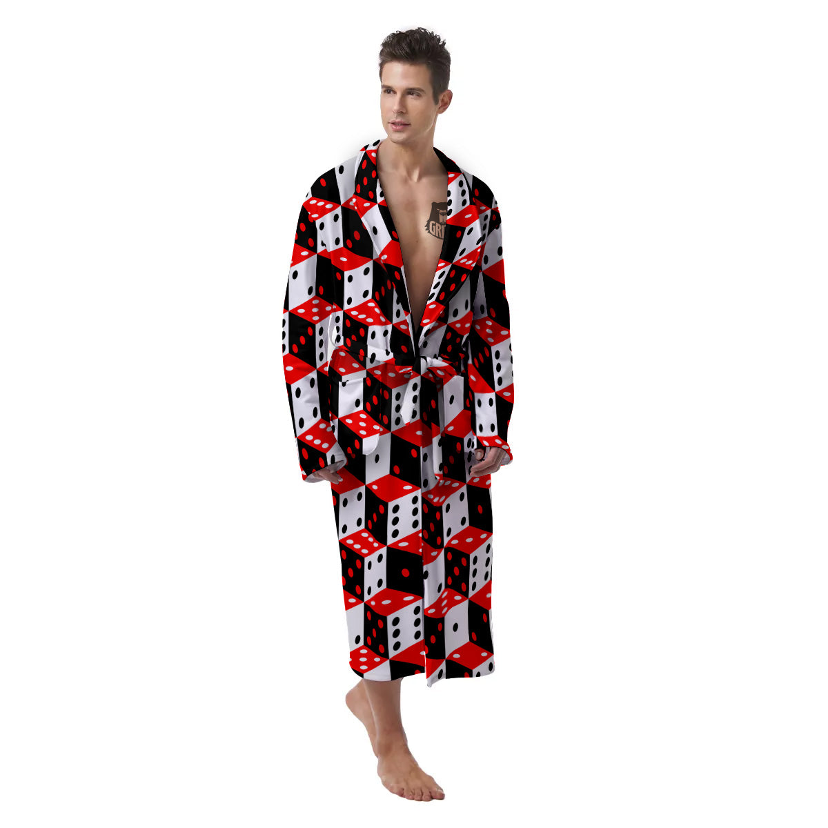 Red White And Black Dice Print Pattern Men's Robe-grizzshop