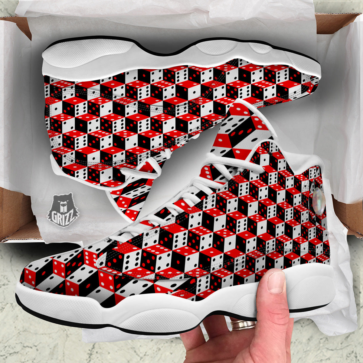 Red White And Black Dice Print Pattern White Basketball Shoes-grizzshop