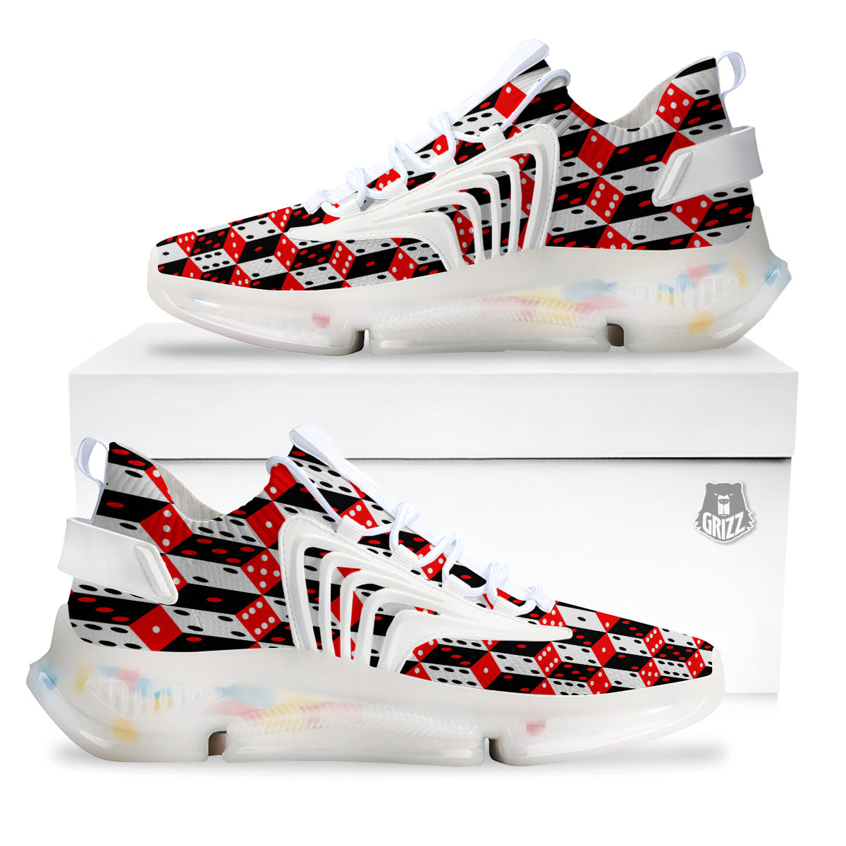 Red White And Black Dice Print Pattern White Gym Shoes-grizzshop