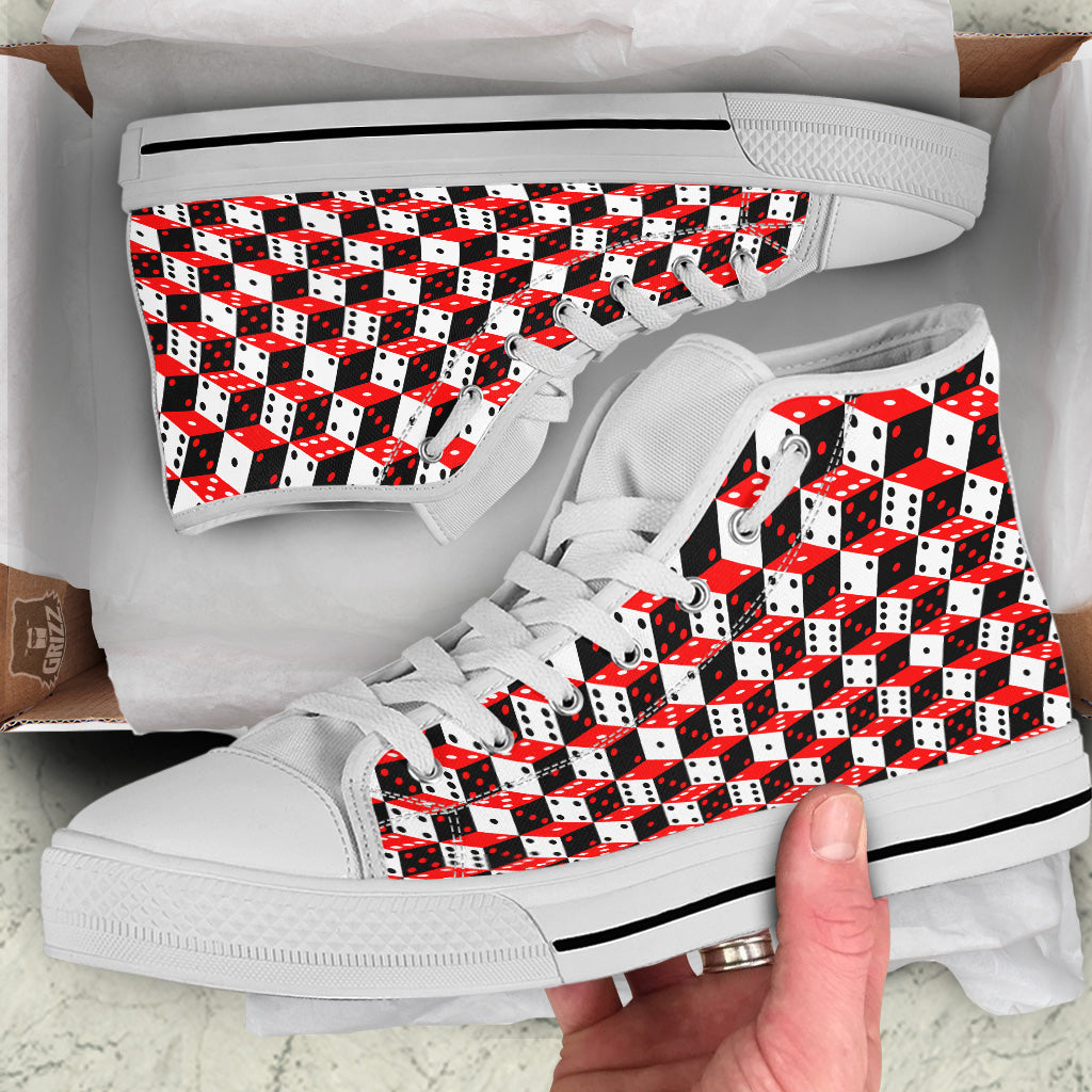 Red White And Black Dice Print Pattern White High Top Shoes-grizzshop
