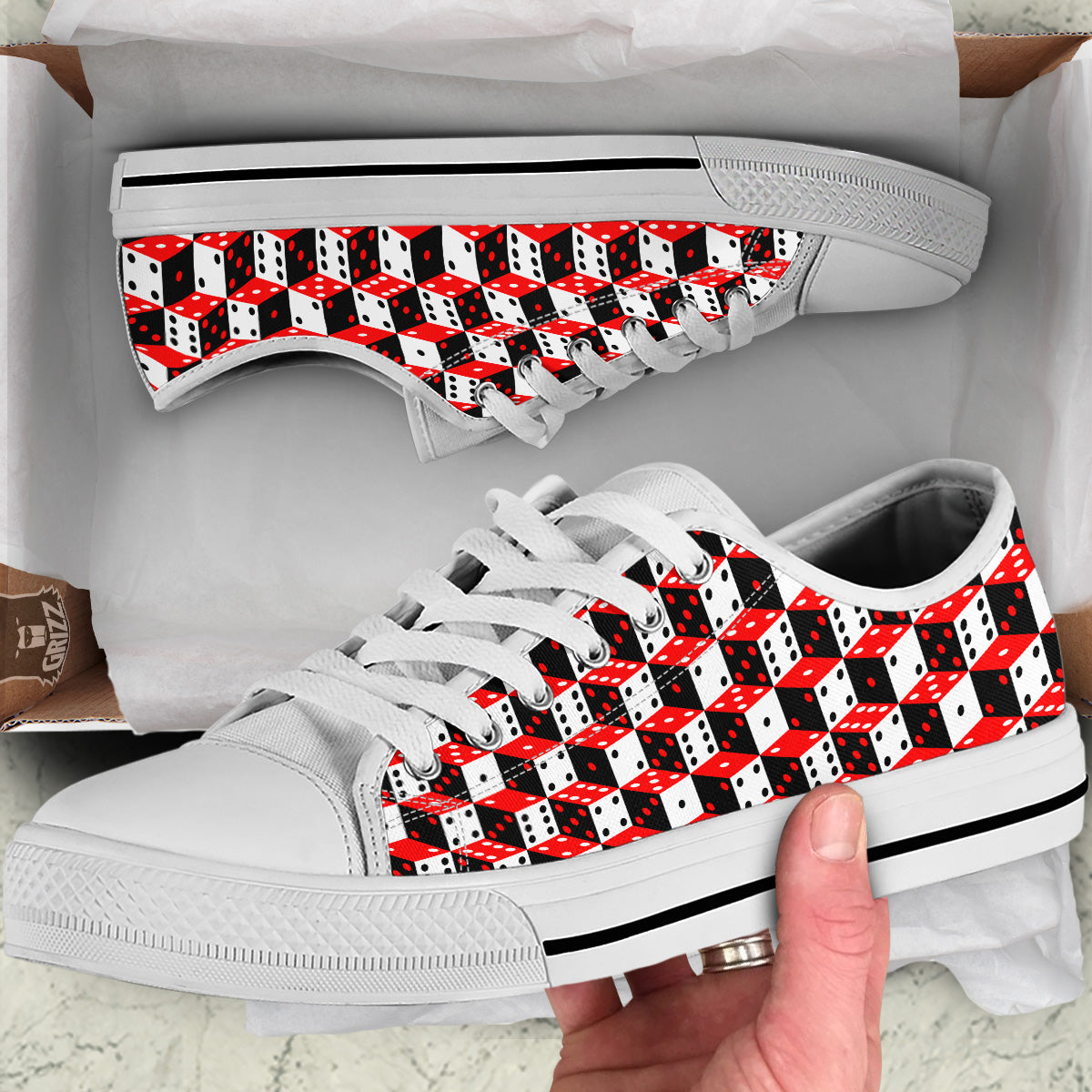 Red White And Black Dice Print Pattern White Low Top Shoes-grizzshop