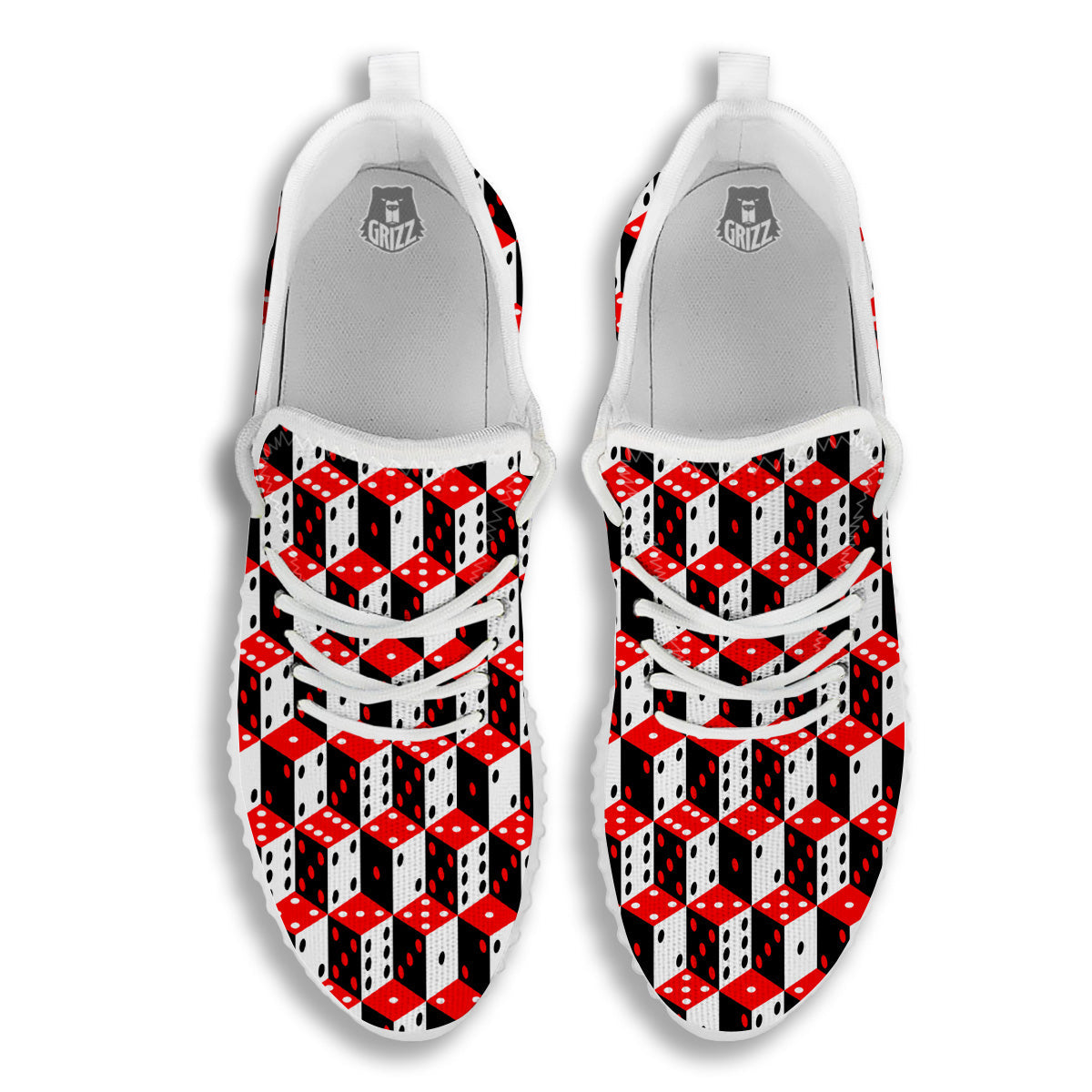 Red White And Black Dice Print Pattern White Walking Shoes-grizzshop