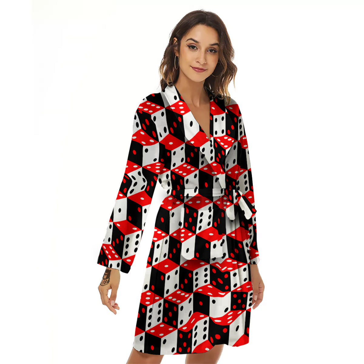 Red White And Black Dice Print Pattern Women's Robe-grizzshop