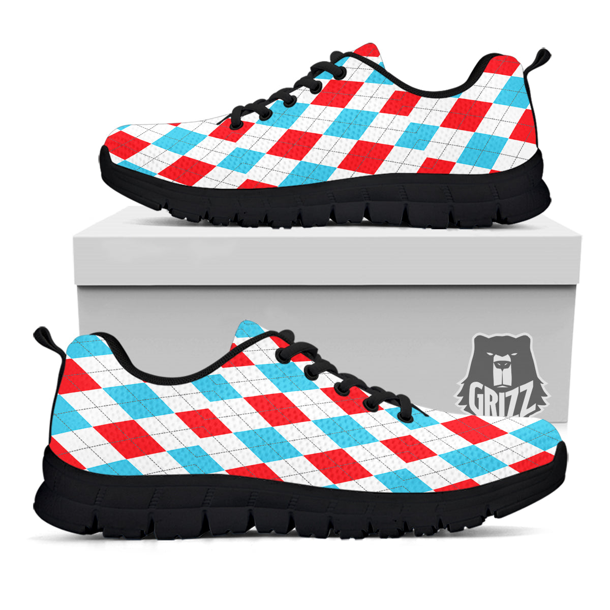 Red White And Blue Argyle Print Pattern Black Sneaker-grizzshop