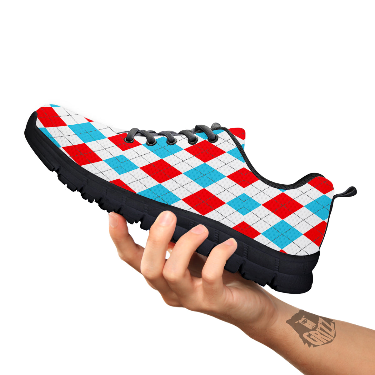 Red White And Blue Argyle Print Pattern Black Sneaker-grizzshop